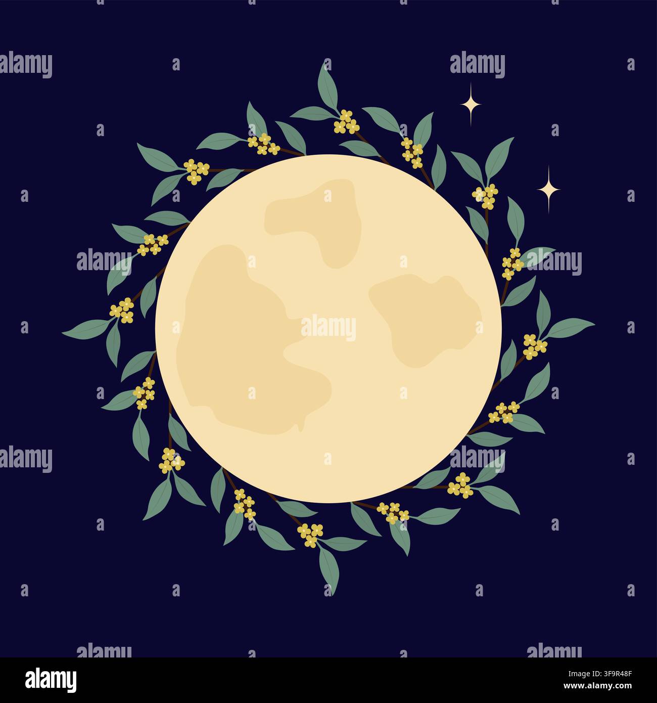 Cadre de lune de branches d’osmanthe avec fleurs jaunes sur fond sombre milieu automne espace libre modèle. Idéal pour les affiches du festival de mi-automne, cartes, invitations, étiquettes, bannières et designs pour les réseaux sociaux Illustration de Vecteur