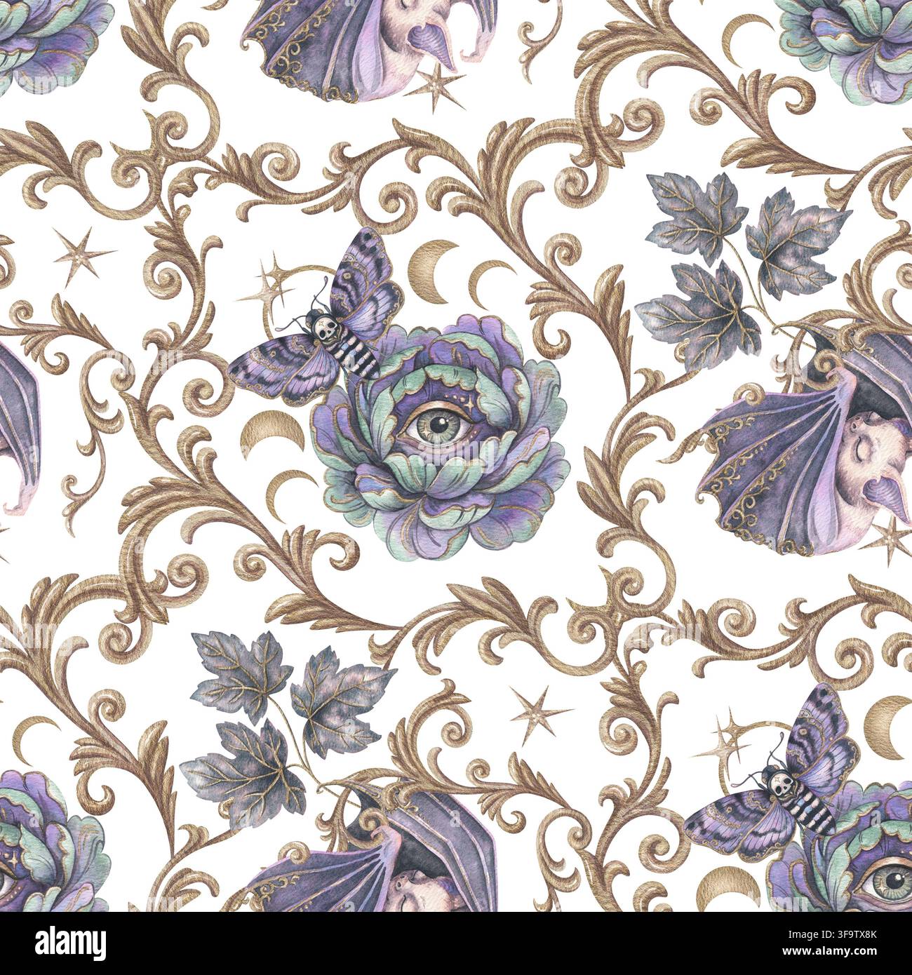 Ornement héraldique avec papillon de nuit et chauve-souris mignonne, motif sans couture. Motif baroque doré aquarellé dessiné à la main et fleurs de pivoine. Graphique vintage pour conception décorative. Répétition pour Halloween pour tissu ou papier peint. Banque D'Images