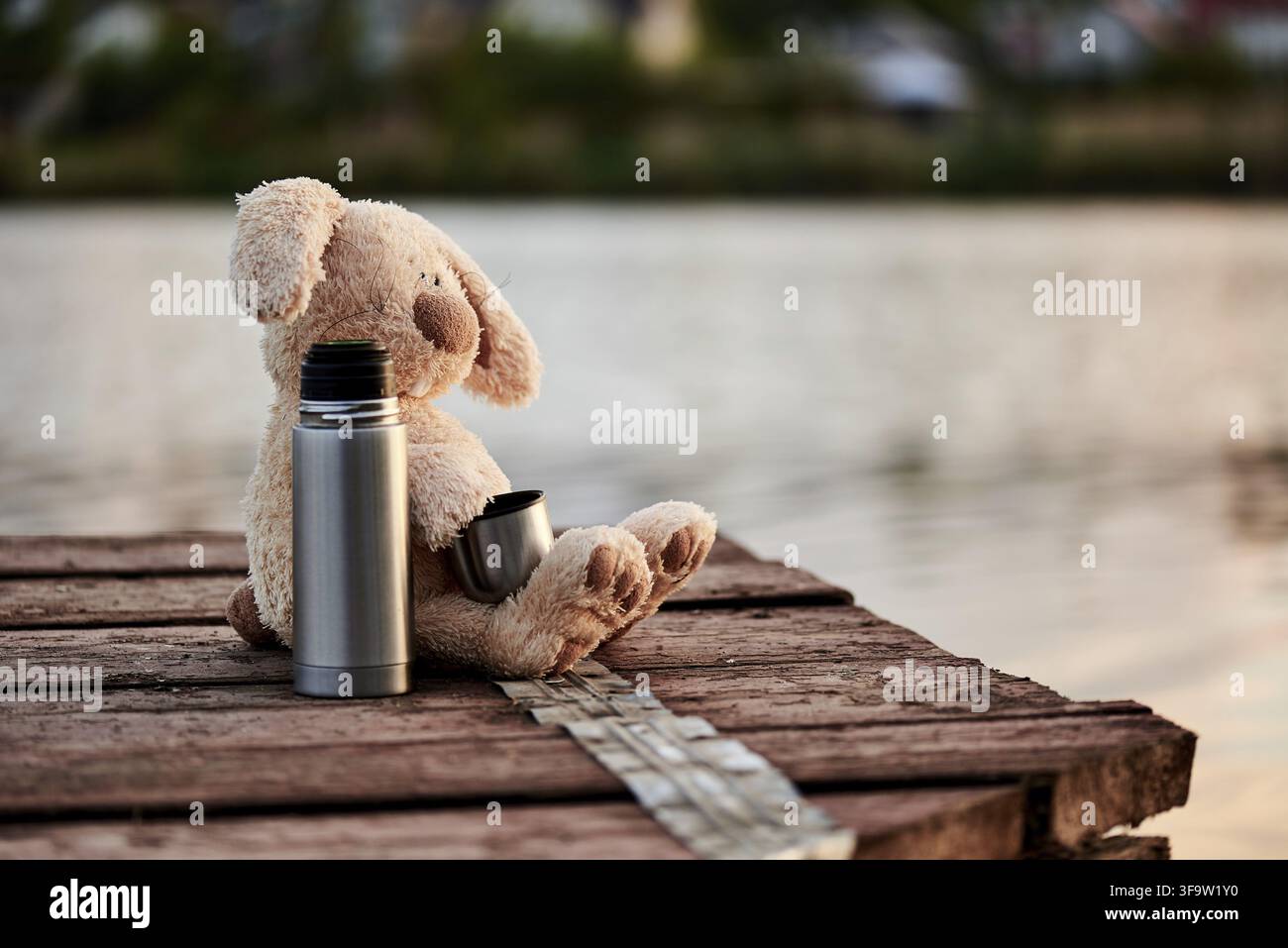 Lapere en peluche observant l'eau Banque D'Images