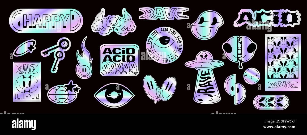 Icônes holographiques avec graphismes acides tendance sur fond noir. Illustration vectorielle réaliste d'autocollants métalliques dégradés avec emoji smiley, OVNI alien, formes de rave abstraites, designs esthétiques rétro Illustration de Vecteur