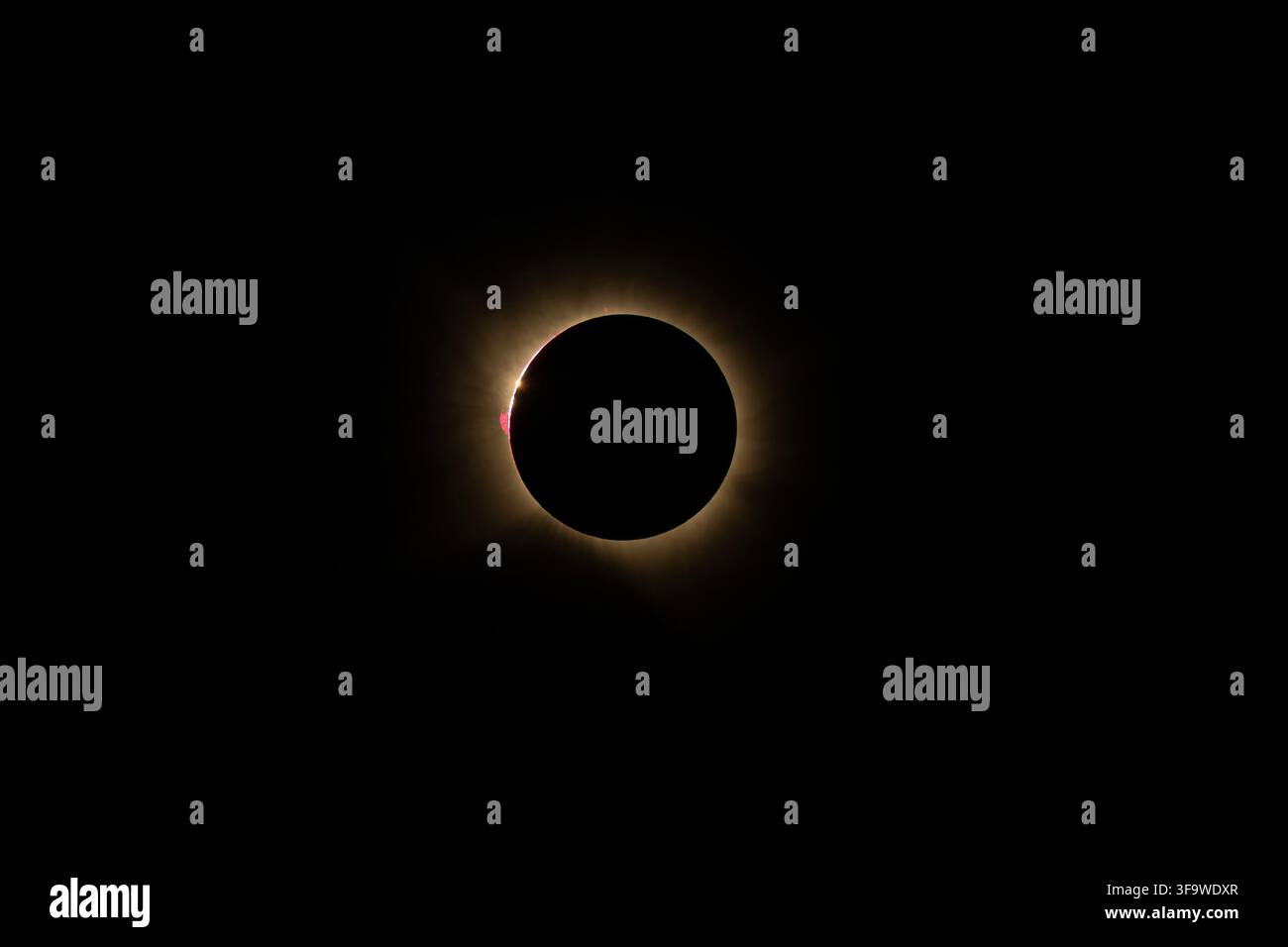 Une photographie téléobjectif époustouflante capturant le moment dramatique de l'éclipse solaire totale. Le disque lunaire noir est entouré de la couronne solaire brillante, w Banque D'Images