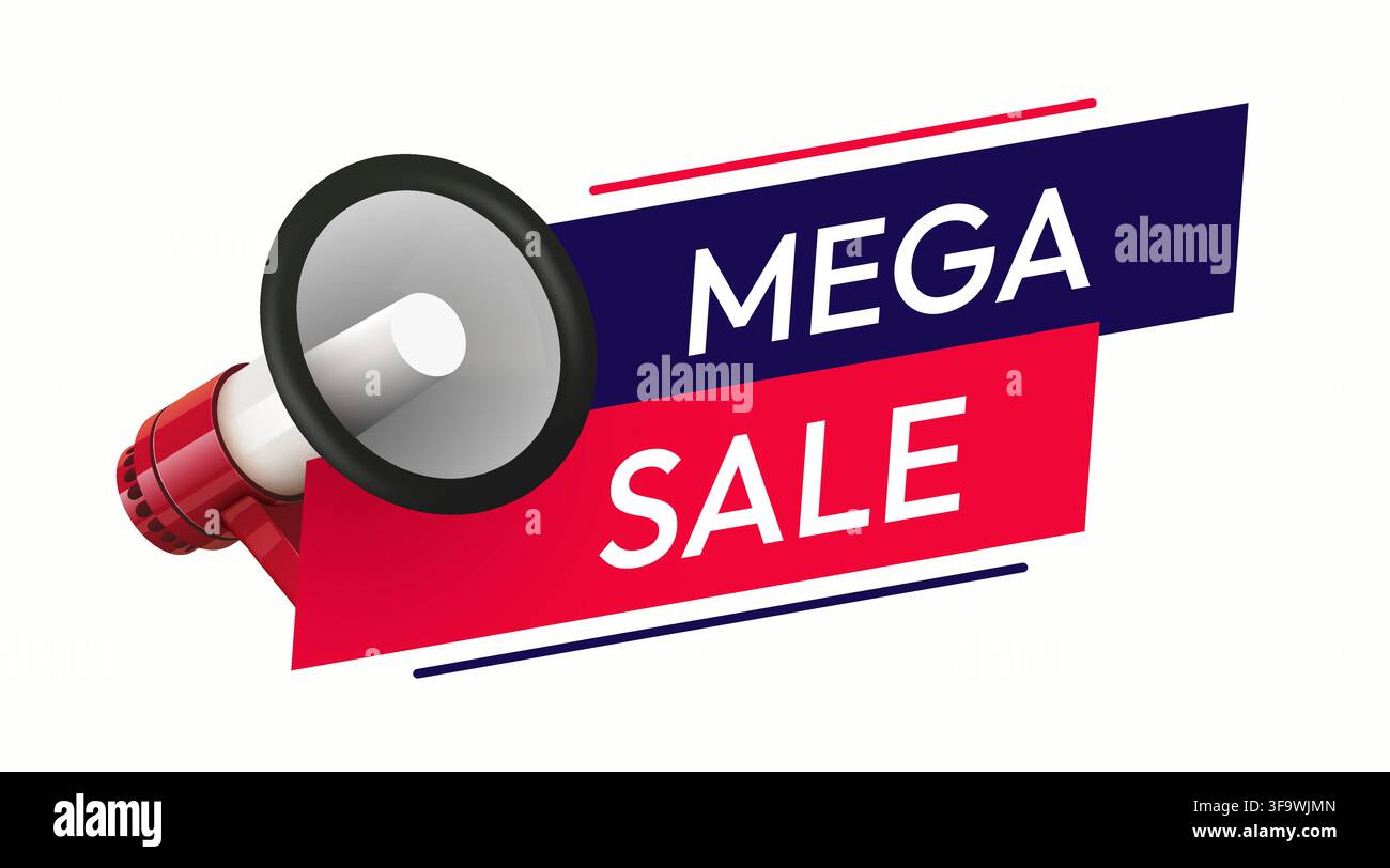 Design de bannière Mega Sale avec un mégaphone rouge. Étiquette promotionnelle pour le marketing et la publicité. Illustration vectorielle Illustration de Vecteur