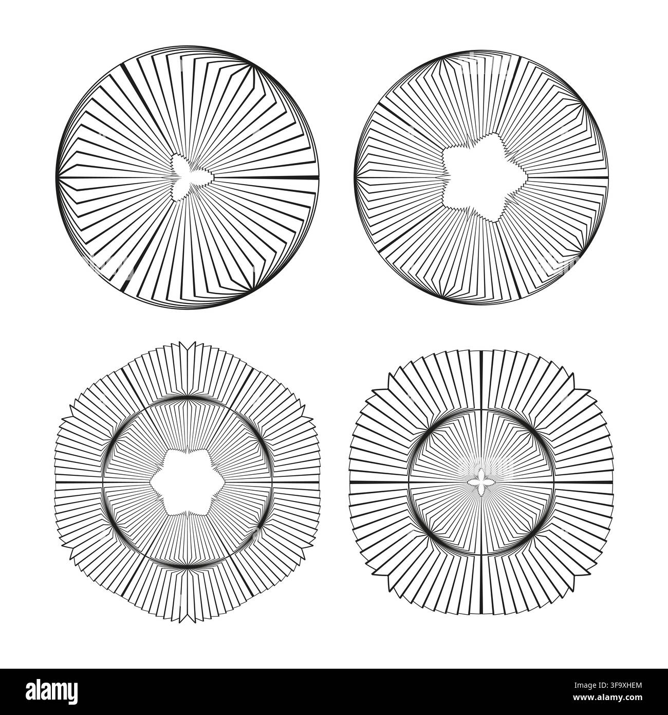 Ensemble vectoriel abstrait de lignes de rosette florale géométrique présentant une symétrie de roue ronde. Il représente une décoration ornementale ethnique créative eps 10 Illustration de Vecteur