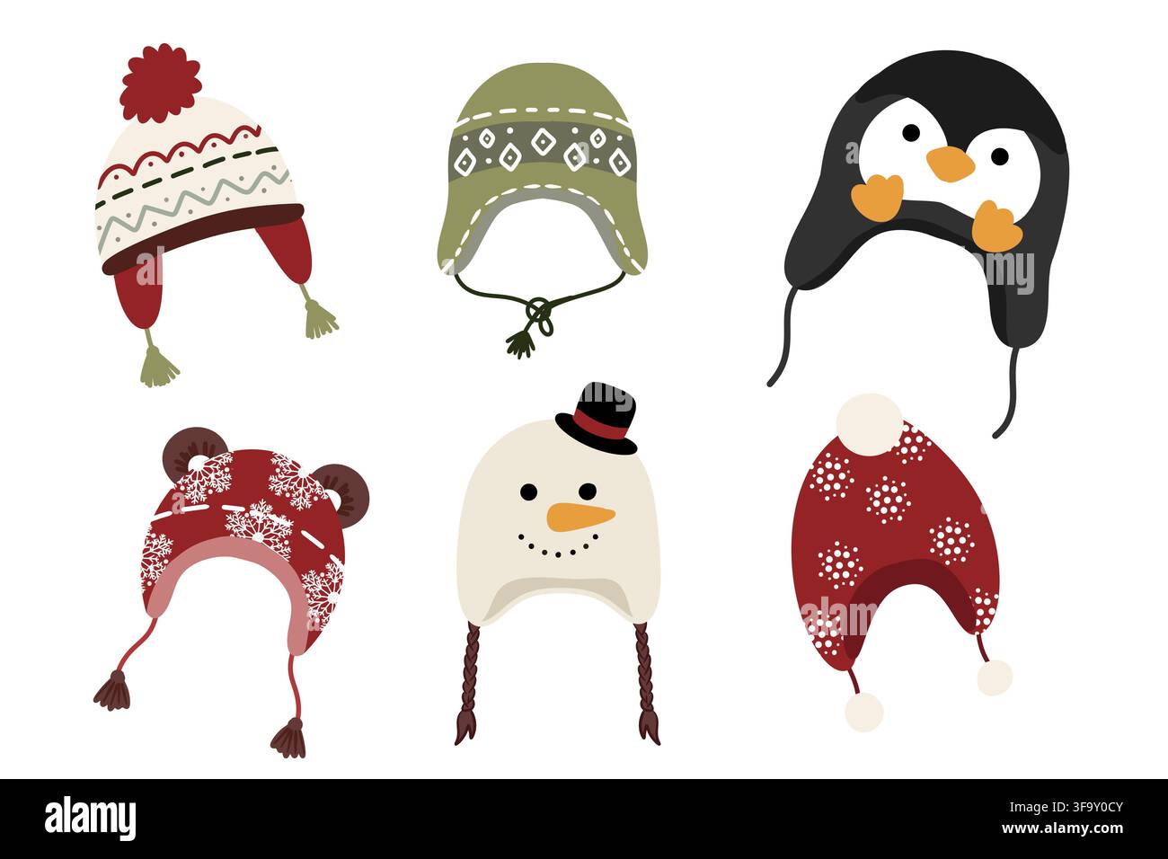 Collection de chapeaux d'hiver mignons pour enfants avec cache-oreilles, ensemble de casquettes amusantes en forme de pingouin bonhomme de neige et ours sur fond blanc isolé Banque D'Images
