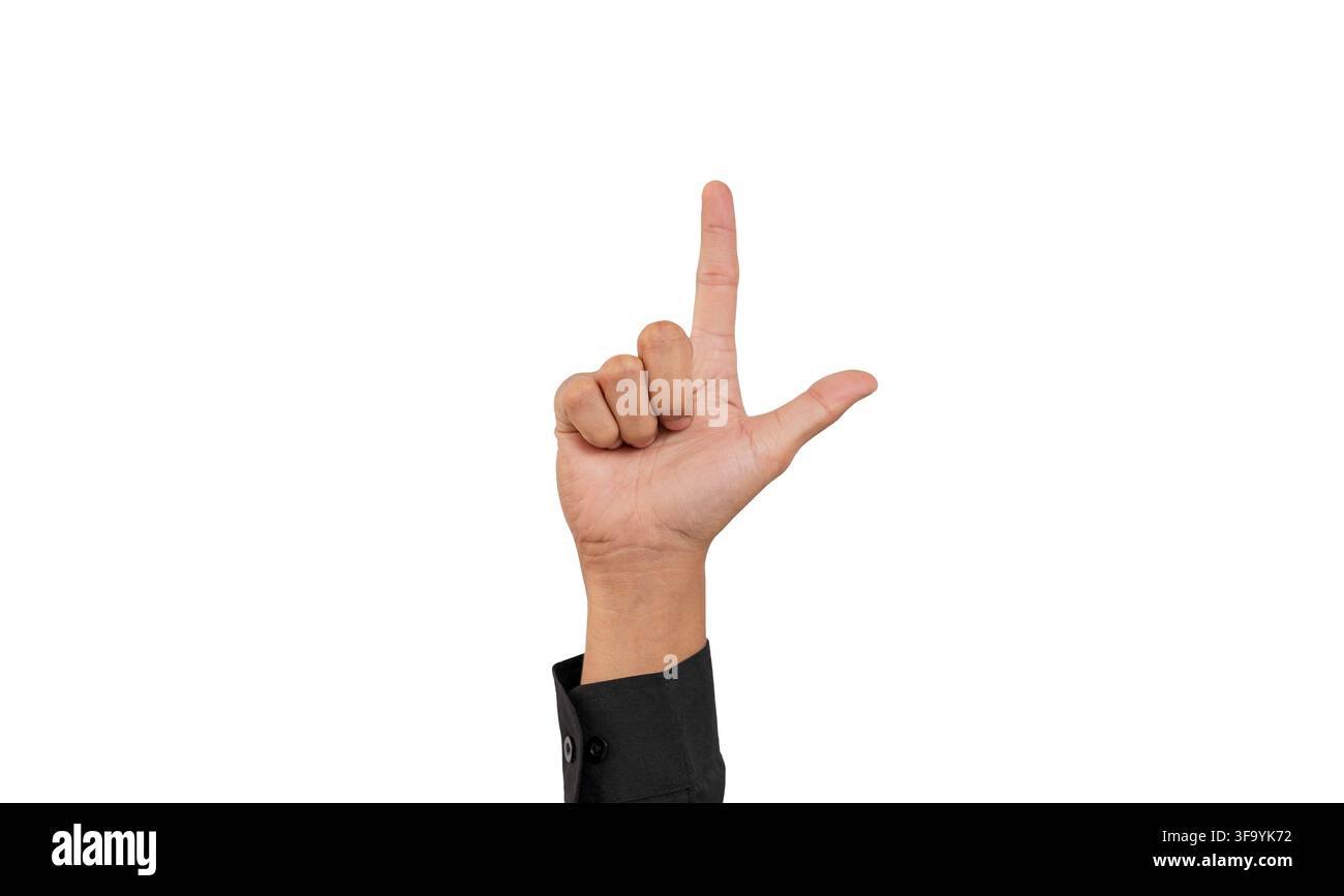 Lettre L de l'alphabet des sourds par la main. Lettre « L » en langue des signes, isolée sur fond blanc. Gestes des mains. Déficience auditive. Banque D'Images