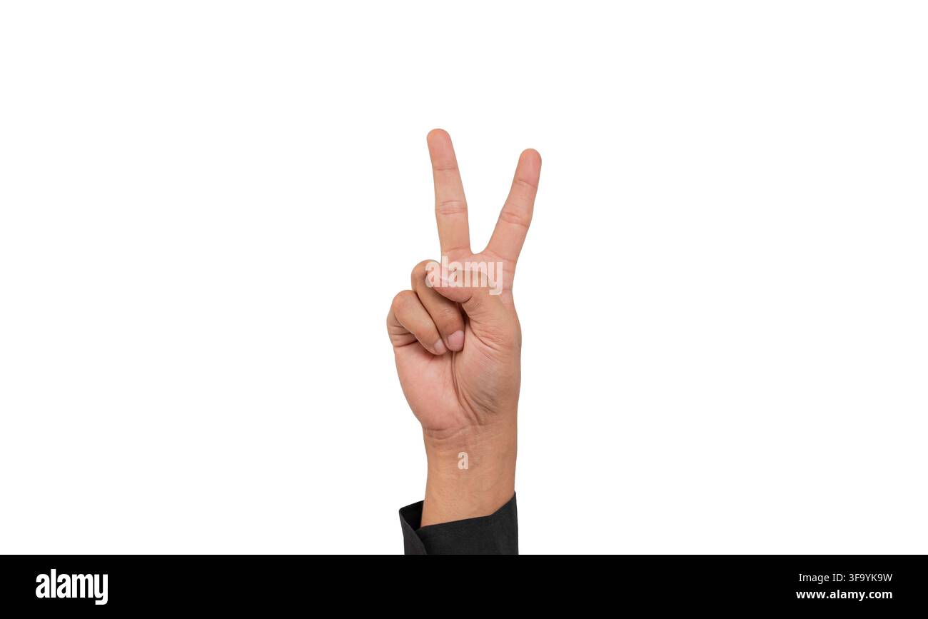 Lettre V de l'alphabet des sourds faite à la main. Lettre V en langue des signes, isolée sur un fond blanc. Gestes des mains. Déficience auditive. Banque D'Images