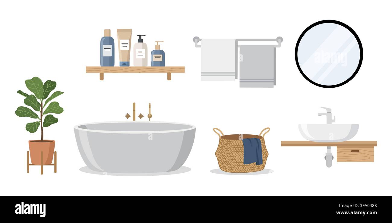 Ensemble d'éléments d'intérieur de salle de bain comprenant une baignoire, un lavabo, un miroir, une étagère en bois avec produit cosmétique, une serviette, une plante et un panier à linge. Illustration de Vecteur