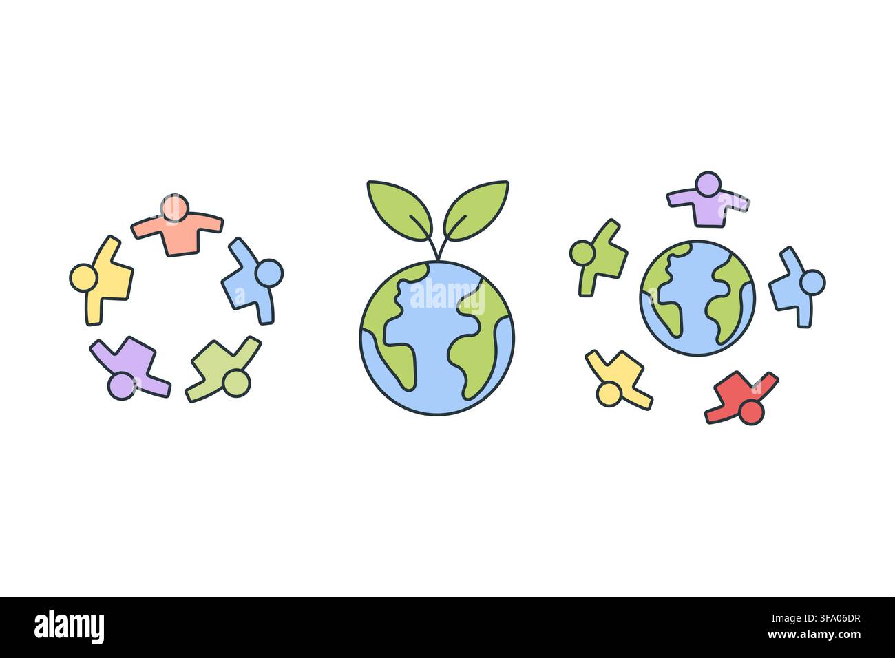 L'impact mondial unit la communauté des habitants de la planète Terre, laissant la croissance, la durabilité et l'environnement par la coopération, la responsabilité, l'écologie et le partage Illustration de Vecteur