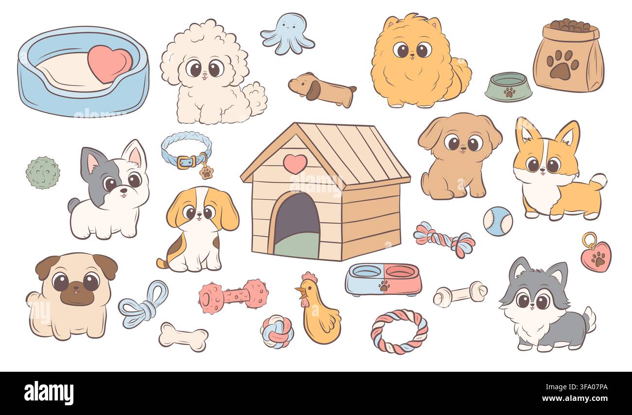 Ensemble vectoriel de chiots et d'accessoires pour animaux de compagnie pour la journée internationale du chien Illustration de Vecteur