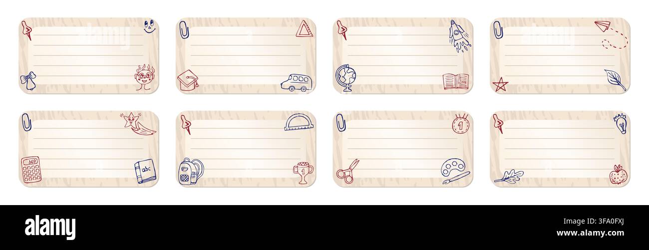 Ensemble de cartes mémo en bois beige scolaires avec gribouillis éducatifs. Étiquettes colorées fantaisistes, cartes mémo scolaires, cartes imprimables vectorielles pour enseignants. Bloc-notes classique Illustration de Vecteur