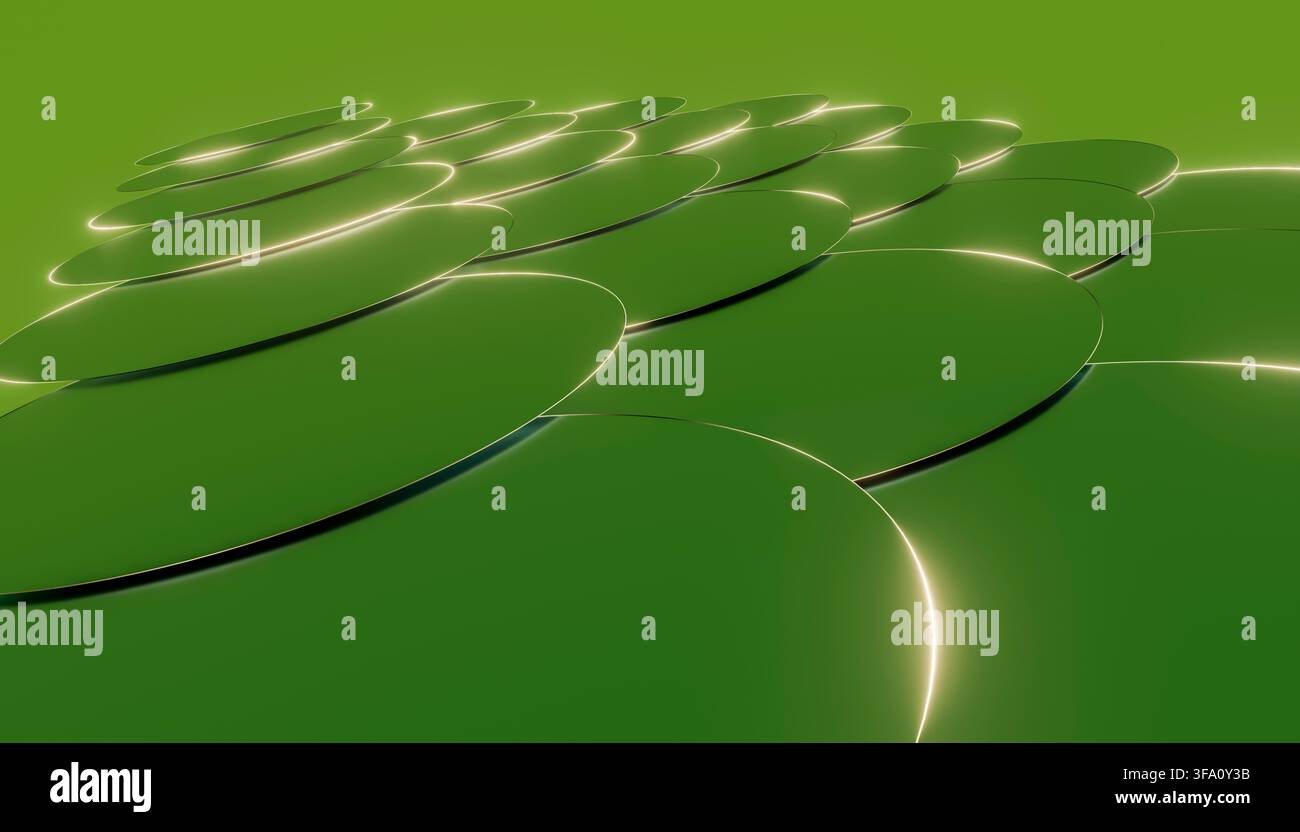 Composition verte abstraite de formes circulaires superposées avec des bords incurvés lumineux, créant une profondeur stratifiée, des reflets doux et un geo moderne et élégant Banque D'Images
