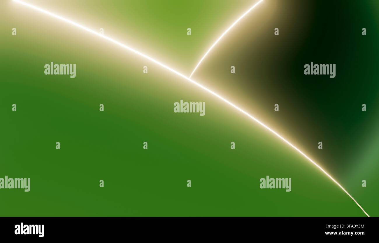 Fond vert abstrait avec des arcs circulaires lumineux et des traînées de lumière douce, créant une composition futuriste fluide avec des ombres sombres et ra Banque D'Images