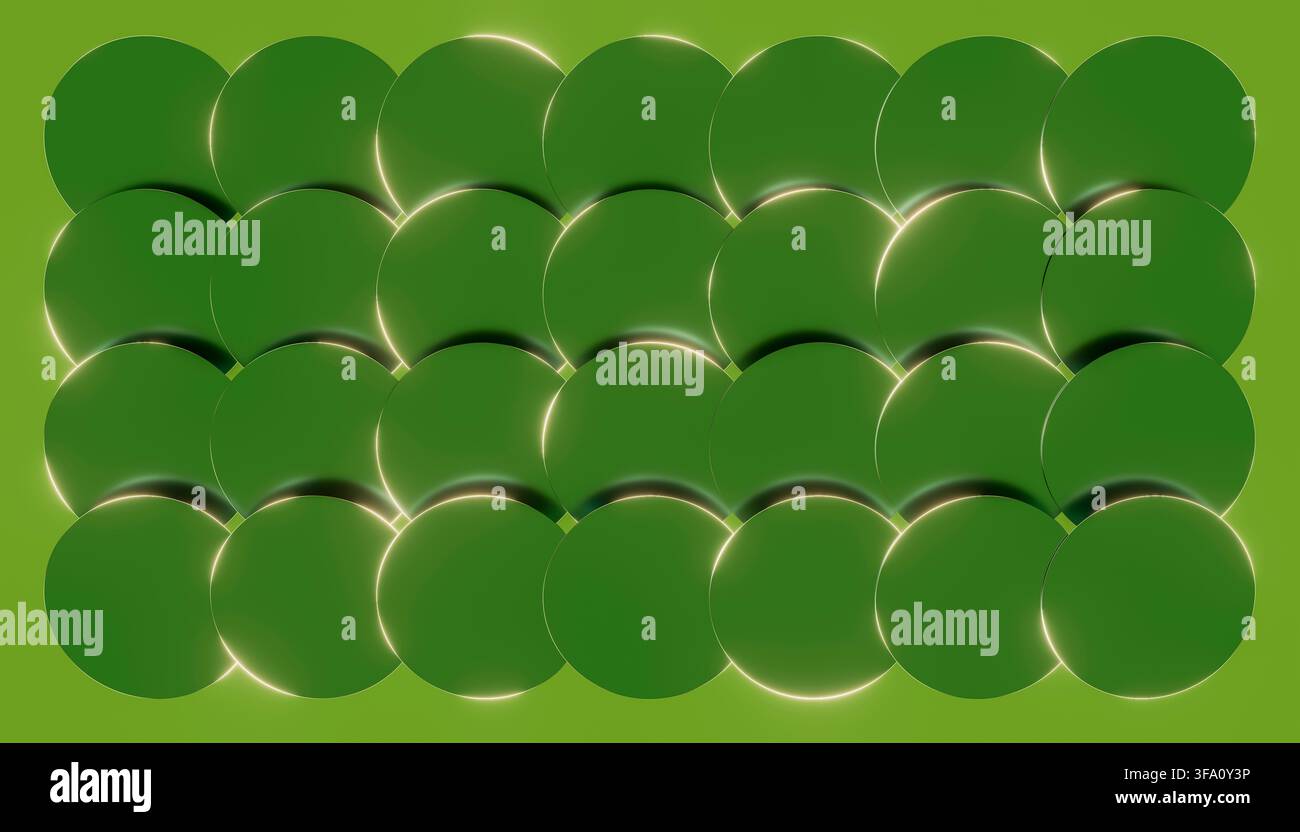 Composition verte abstraite de formes circulaires superposées disposées en une grille soignée, avec des reflets doux et lumineux le long des bords courbés créant de la profondeur, co Banque D'Images