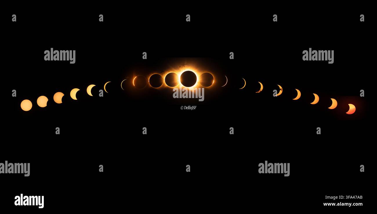 Image composite montrant les phases de l'éclipse solaire totale du 12 août 2026 depuis Torralba de los Sisones, Teruel, Espagne. Banque D'Images