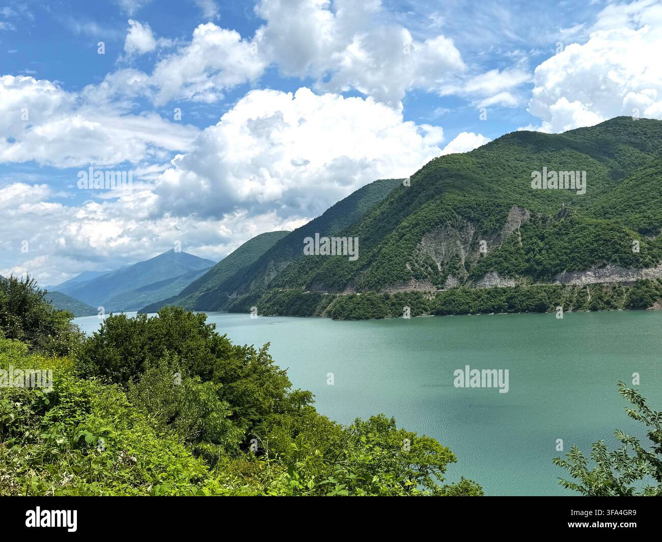Un lac turquoise serpente à travers une vallée montagneuse, entouré de pentes vertes luxuriantes et encadré par la végétation sous un ciel nuageux. Banque D'Images