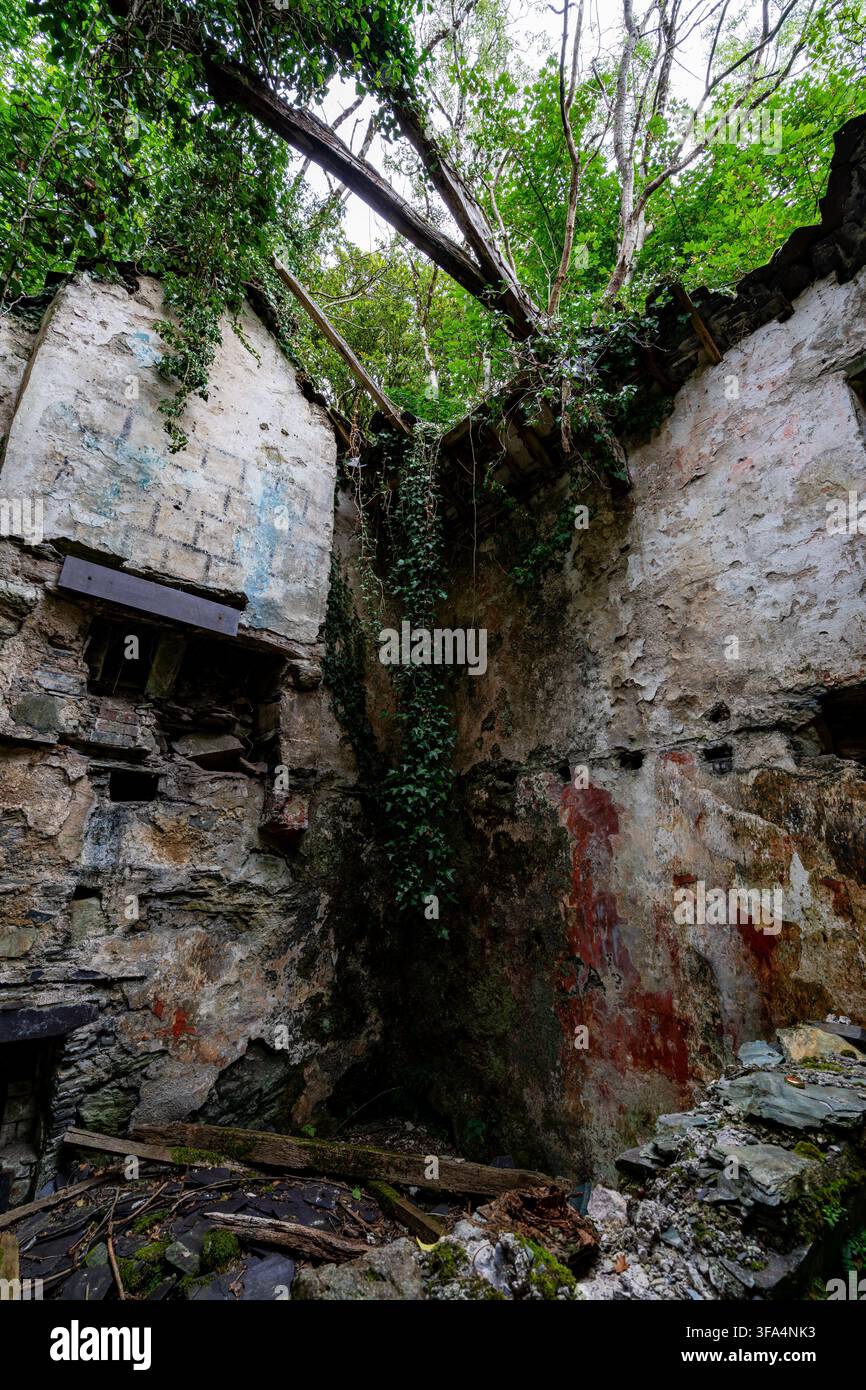 Intérieur d'une maisonnette en pierre abandonnée à Dorothea Quarry à Gwynedd Banque D'Images