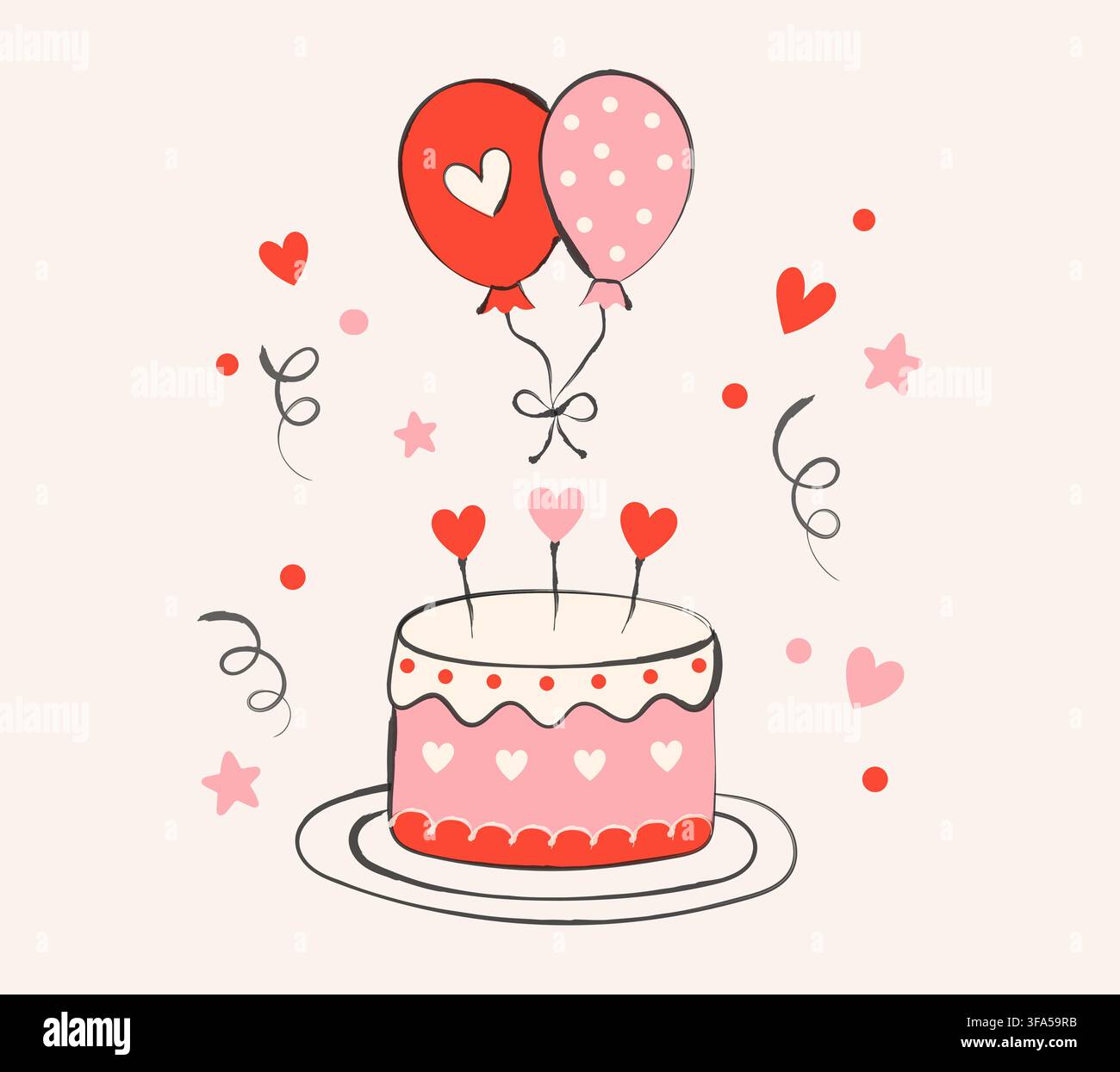 Gâteau rose. Doodle de fête d'anniversaire avec gâteau rose, ballons en forme de cœur, confettis, étoiles et serpentins bouclés, illustration de fête romantique mignonne pour Illustration de Vecteur