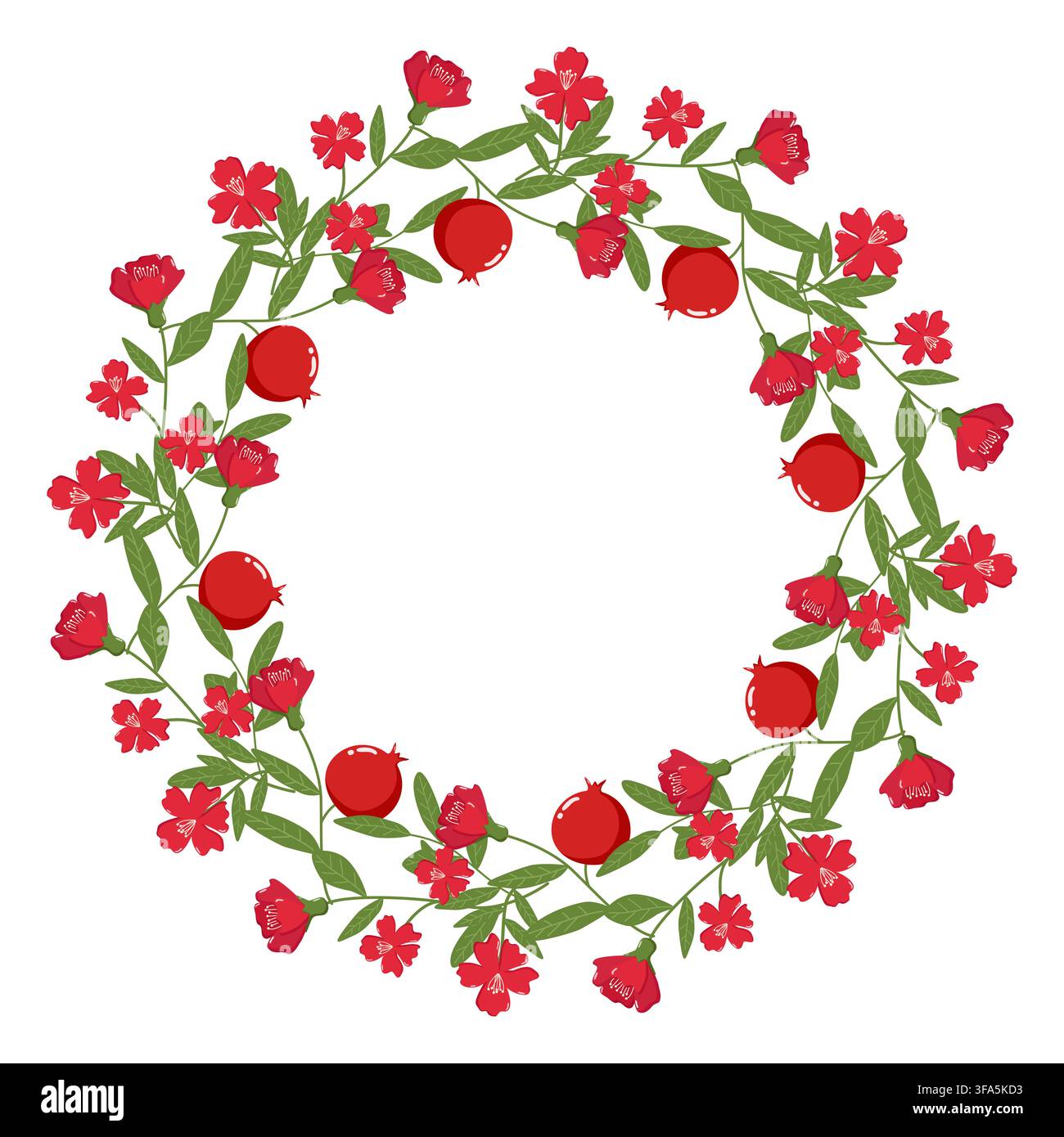 Couronne décorative de fleurs rouges, de feuilles vertes et de grenades dans un design circulaire, parfaite pour les vœux de Rosh Hashanah Illustration de Vecteur