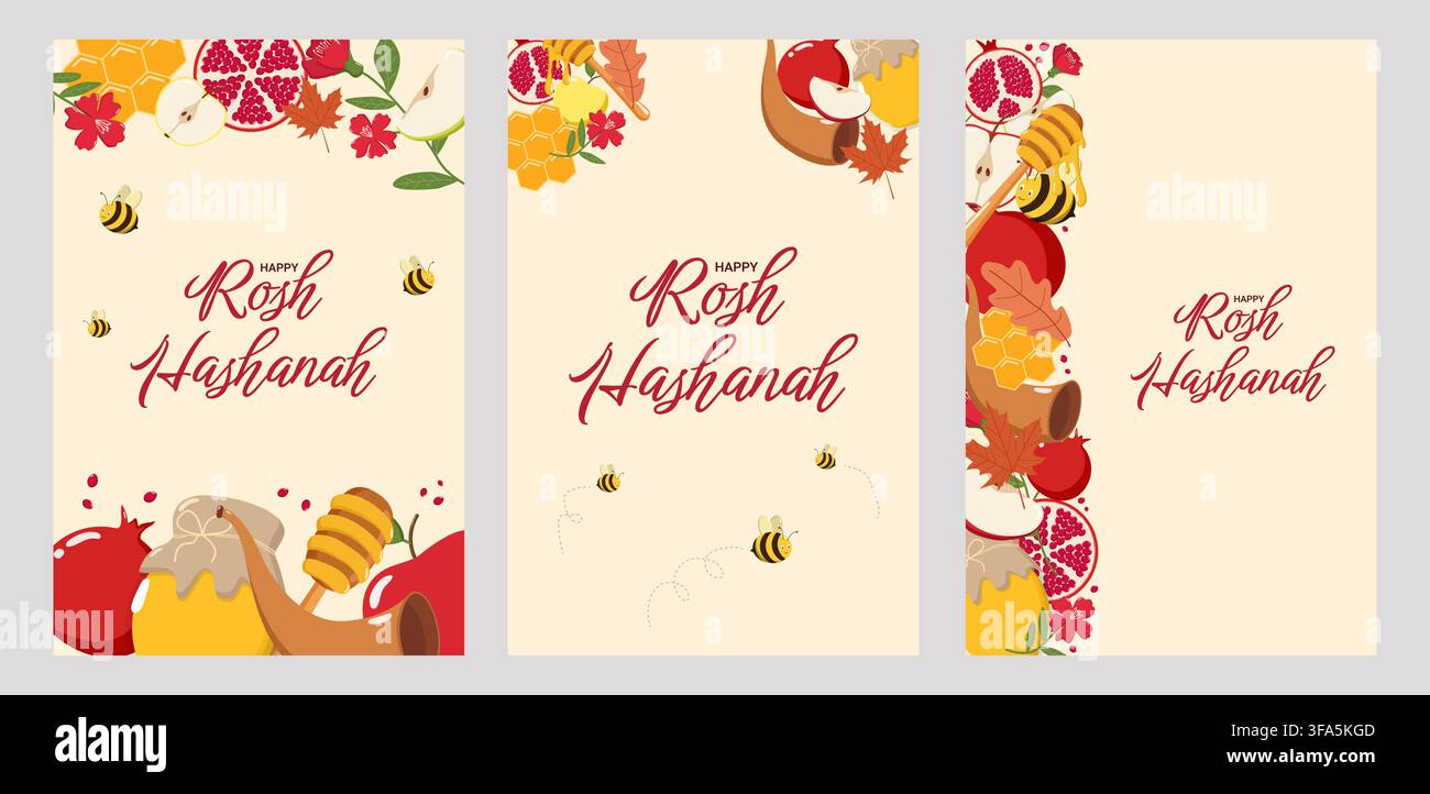 Couronne florale avec des grenades rouges, des fleurs et des feuilles vertes dans un design circulaire, parfaite pour les vœux de Rosh Hashanah Illustration de Vecteur