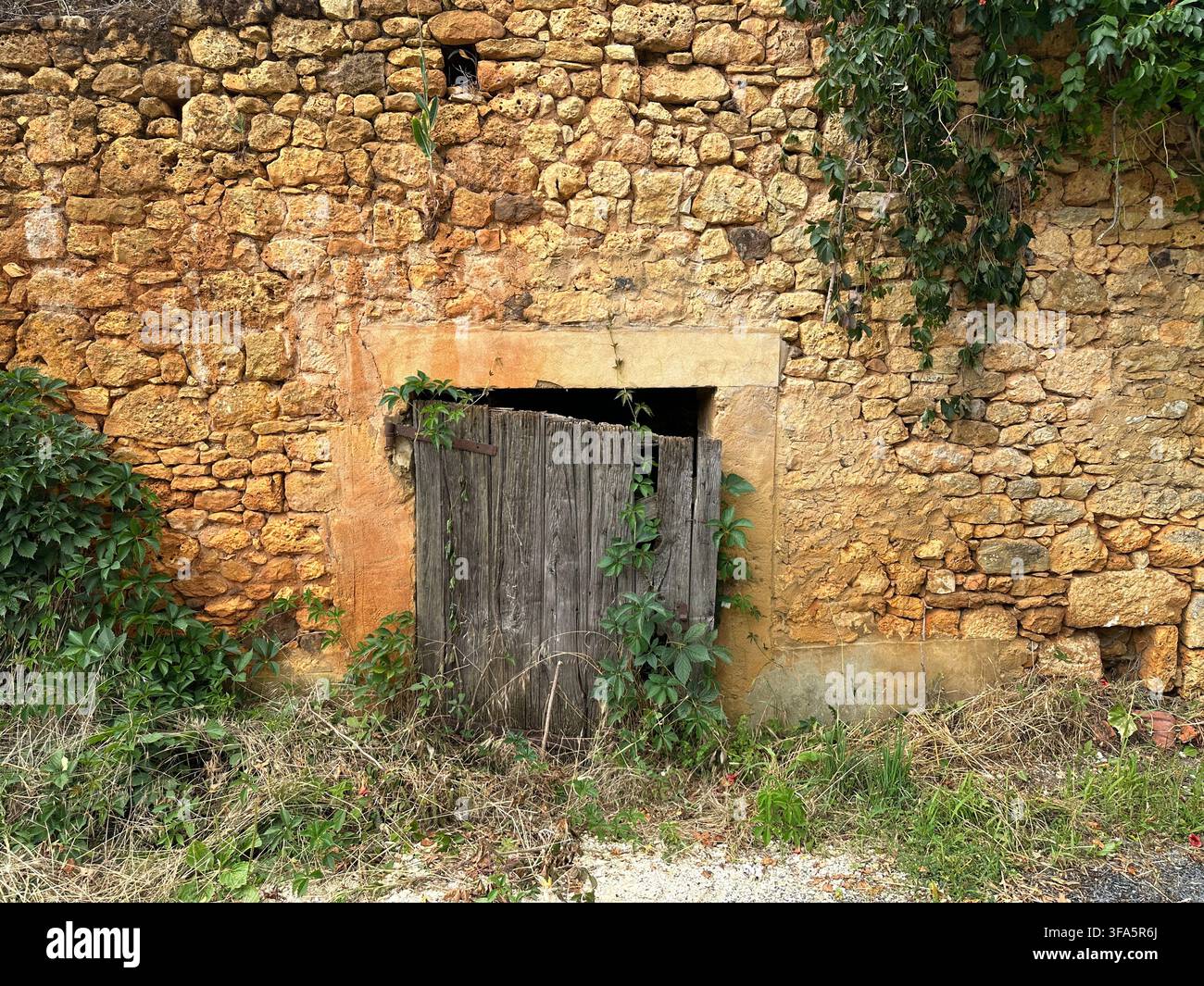 Ancienne porte en bois dans un mur de pierre érodé d'un bâtiment rural - Image de stock capturée avec un smartphone