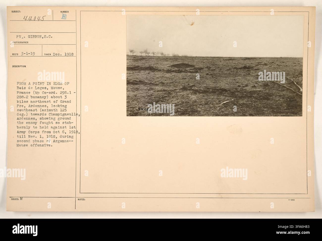 Photographie prise en décembre 1918 depuis le bord du Bois de Loges, Meuse, France, regardant vers le sud-est en direction de Champignèulle, Ardennes, montrant le terrain disputé par l'ennemi contre le 1er Corps d'Armée durant la deuxième phase de l'offensive de l'Argonne-Meuse, par S.C. Gibbon, photographe. Banque D'Images