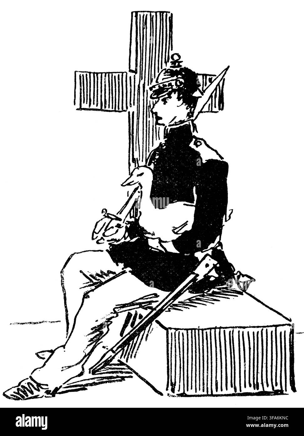 Scène de la vie d'un soldat, soldat assis sur une tombe avec un canard et une épée dans ses bras, caricature, illustration historique de 1884 Banque D'Images