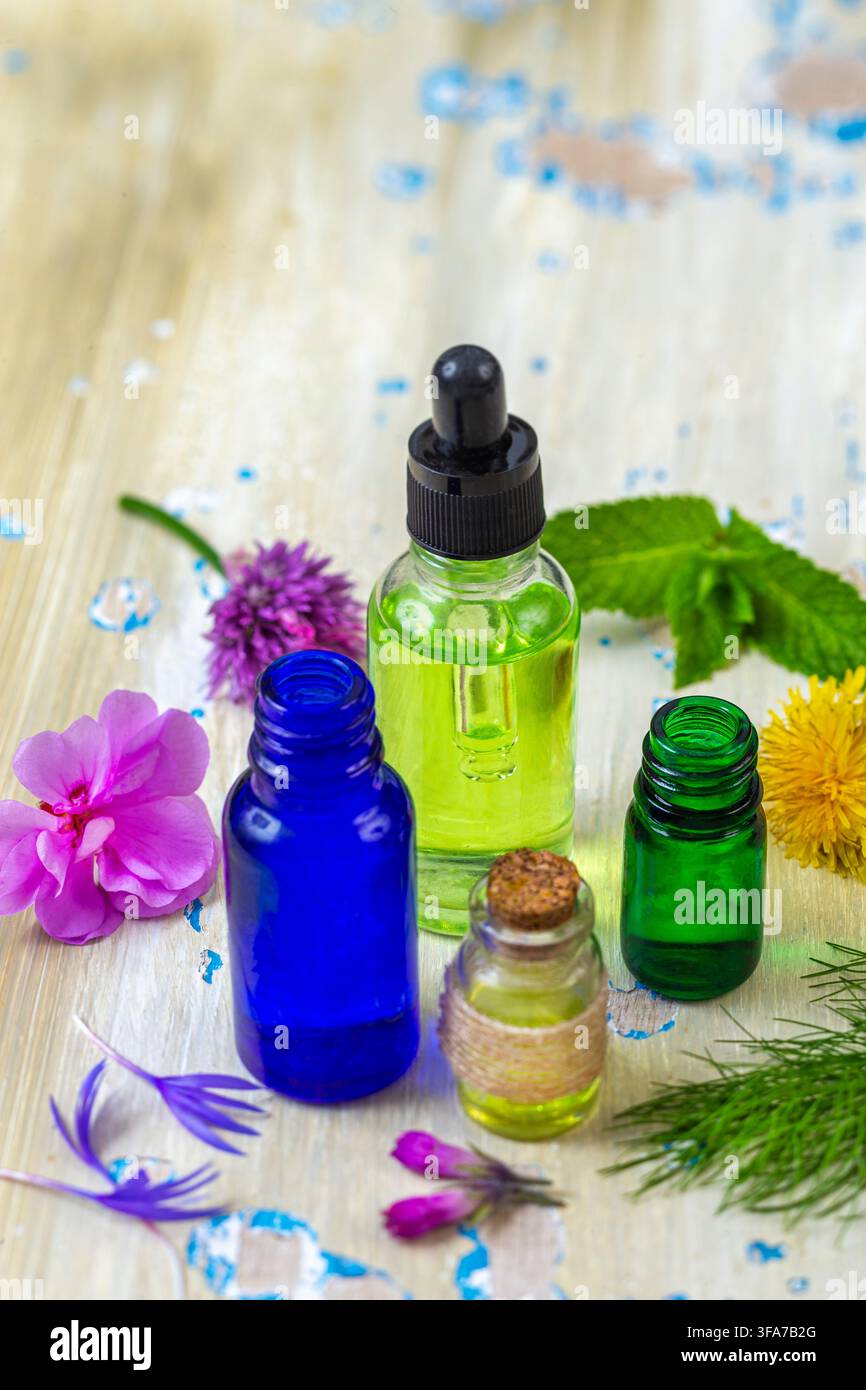 Quatre bouteilles en verre contenant des liquides de différentes couleurs, entourées de diverses fleurs et de feuilles vertes. Banque D'Images
