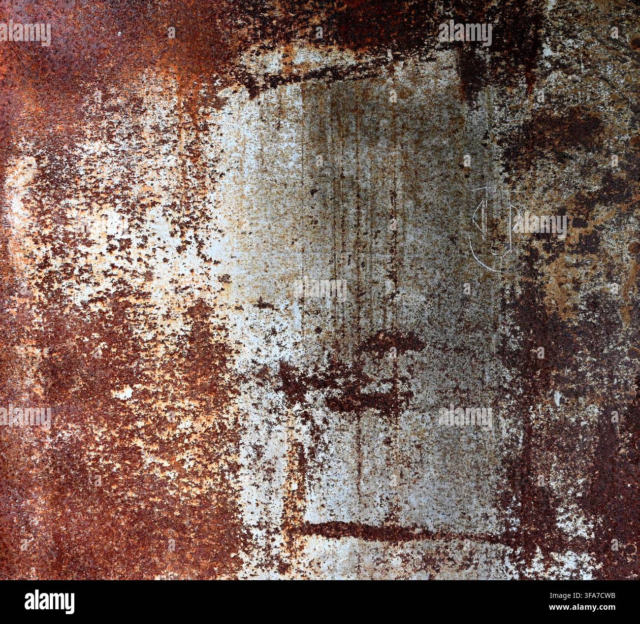 Vue rapprochée horizontale d'une surface métallique blanche peinte, fortement rouillée, avec une corrosion étendue et une oxydation criblée Banque D'Images