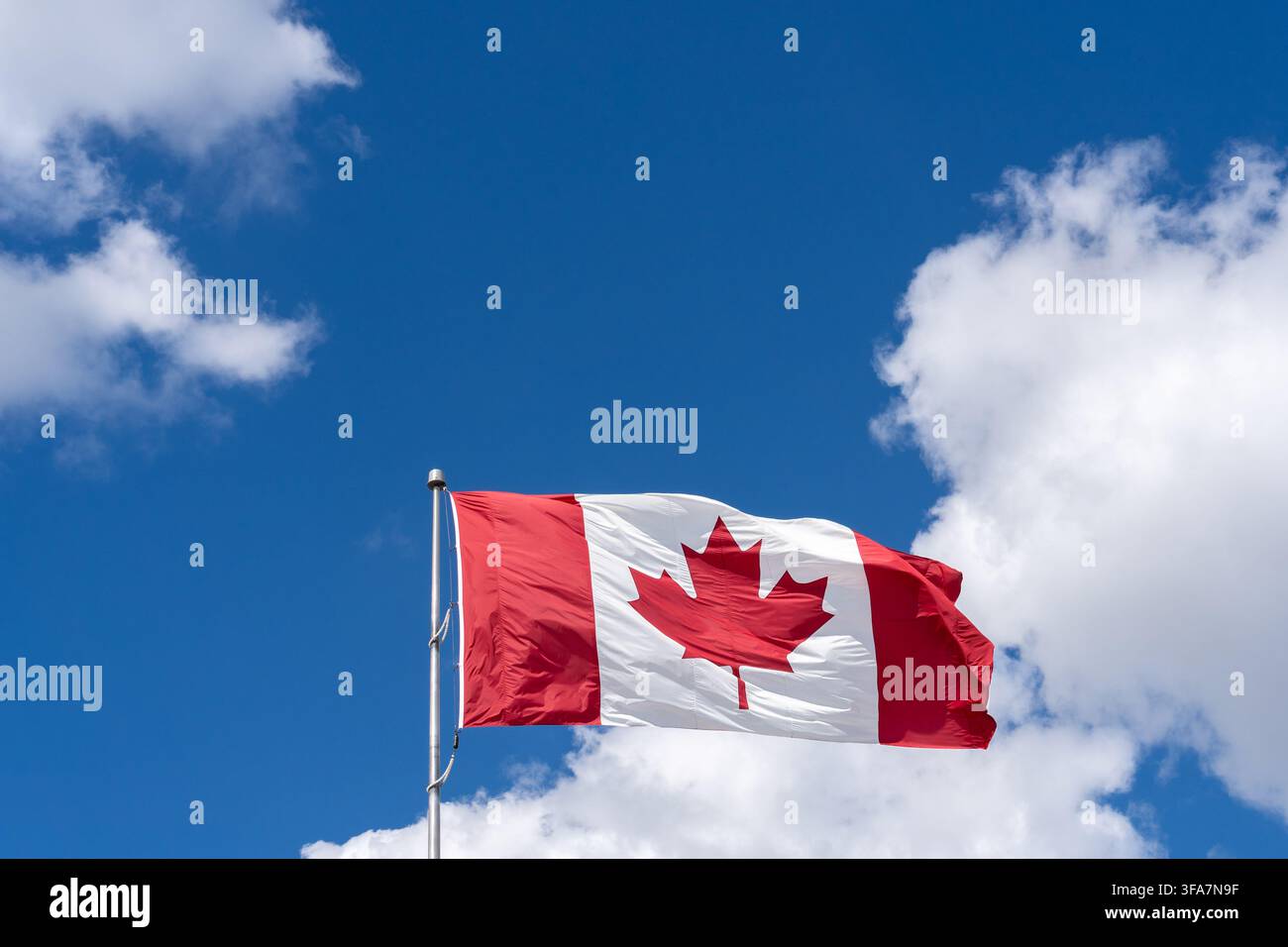 Un drapeau national du Canada flottant contre un ciel bleu parsemé de nuages blancs. Banque D'Images