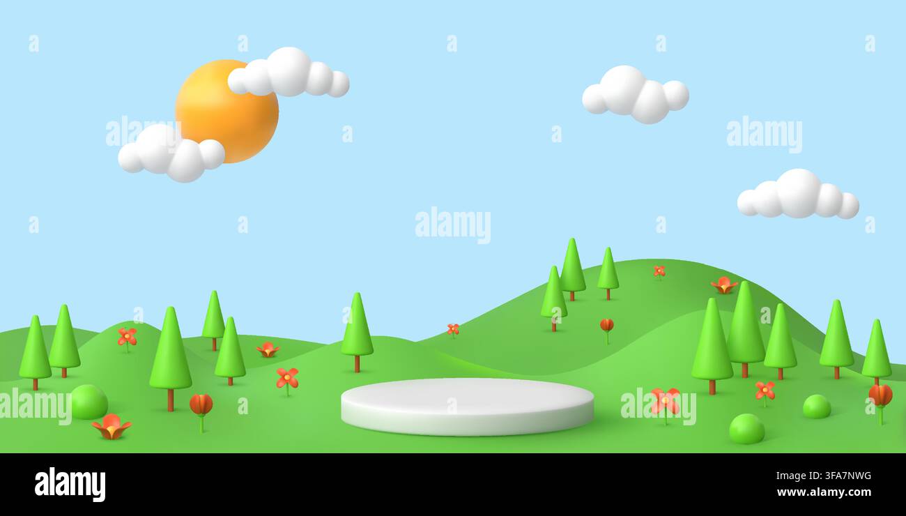 Fond d'herbe en 3D. Ciel de printemps pour enfants, podium de jardin de dessin animé ou parc naturel mignon. Arbre vert et nuage de jeu. Paysage minimal avec collines vertes, scène naturelle pour la présentation de produits. Rendu vectoriel Illustration de Vecteur