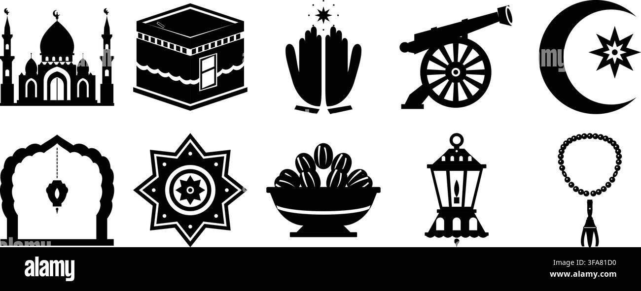 Ensemble d'icônes islamiques de l'Aïd, mosquée, Kaaba, croissant de lune, lanterne, illustration vectorielle, symboles noirs sur fond blanc Illustration de Vecteur