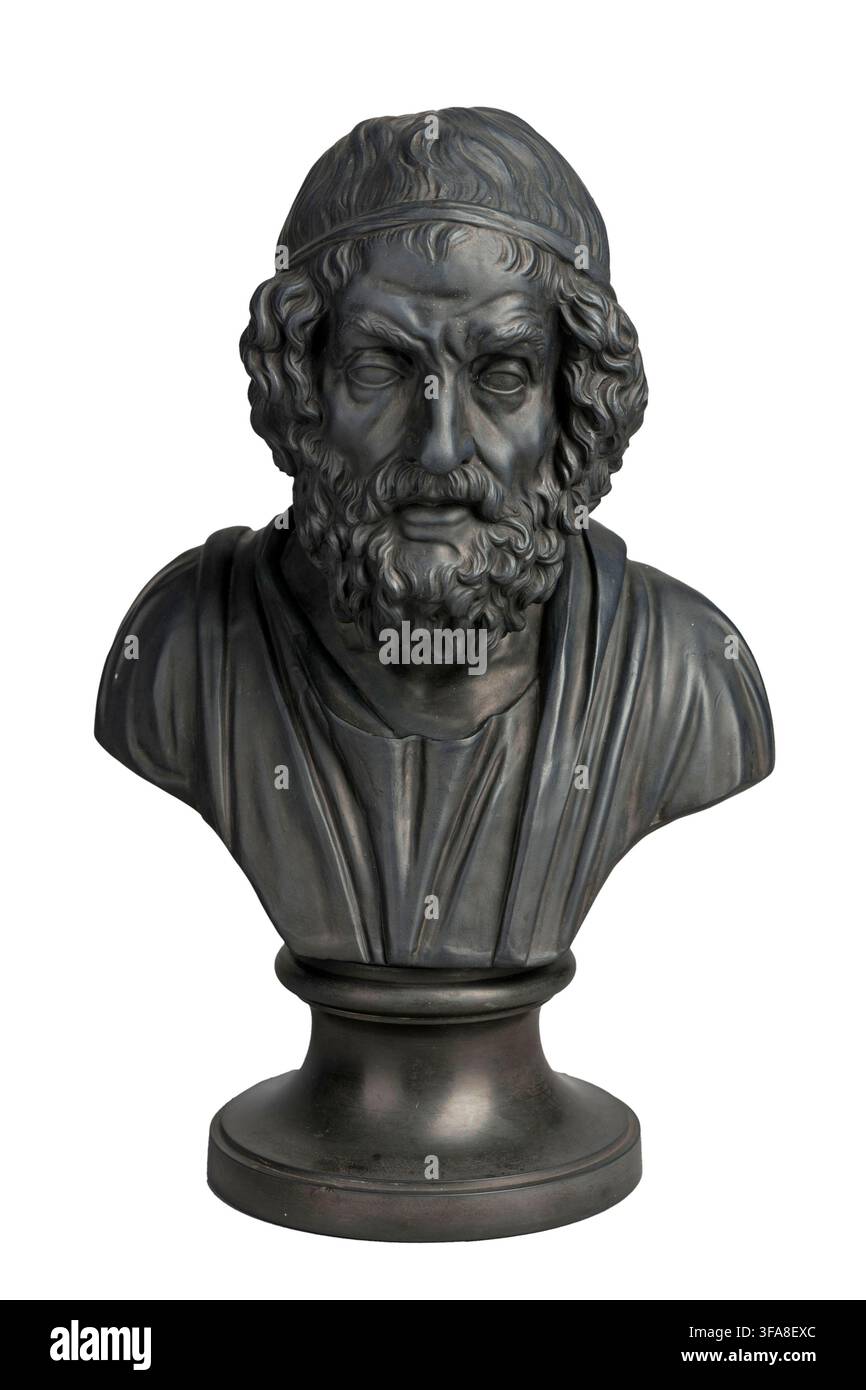 Homère, 1779-80. Basalte. Grès noir fin non émaillé. Fabriqué par Wedgwood et Bentley. En 1774, la firme Oliver et Hoskins a fourni à Wedgwood un moulage en plâtre d’Homère basé sur une sculpture du musée de Naples. Le buste a été retouché par William Hackwood, le modelleur de Wedgwood. Homère, peut-être né vers le VIIIe siècle av. J.-C., était un poète grec antique auquel on attribue traditionnellement la paternité de l’Iliade et de l’Odyssée, deux poèmes épiques qui sont des œuvres fondamentales de la littérature grecque antique. Banque D'Images