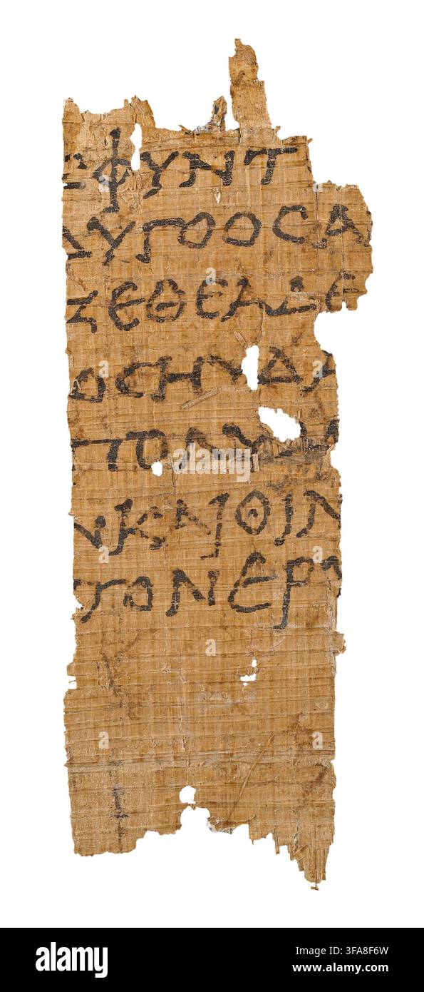 Fragment de papyrus avec un texte de l'Odyssée d'Homère. Ier siècle av. J.-C. L'Odyssée d'Homère raconte l'histoire du retour d'Ulysse de la guerre de Troie. Les feuilles de papyrus, fabriquées à partir des fibres de la plante de papyrus qui poussait en Égypte, étaient le principal matériau d'écriture dans le monde antique. Banque D'Images
