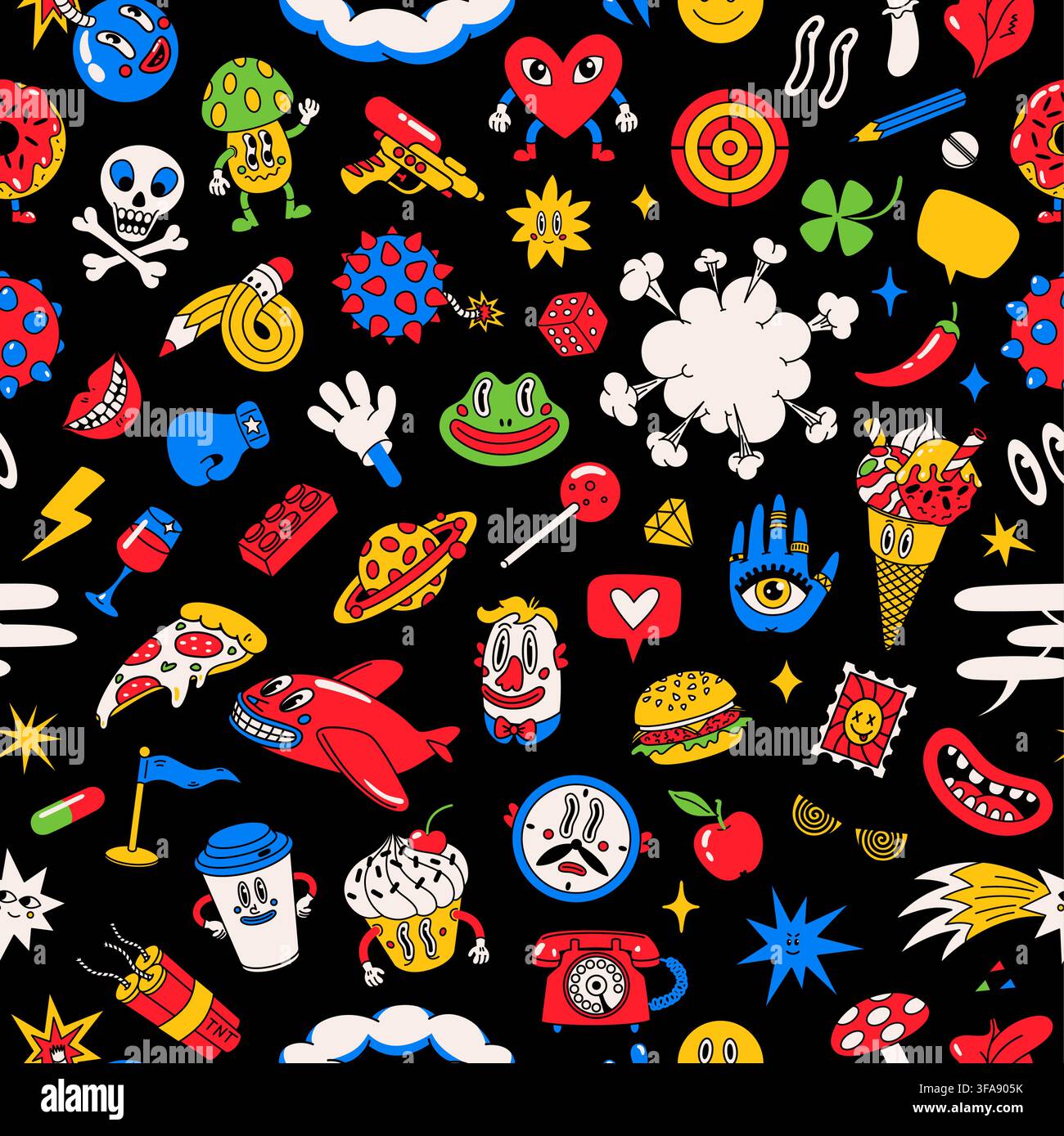 Caricature avec de la nourriture pop art et des gribouillis Illustration de Vecteur