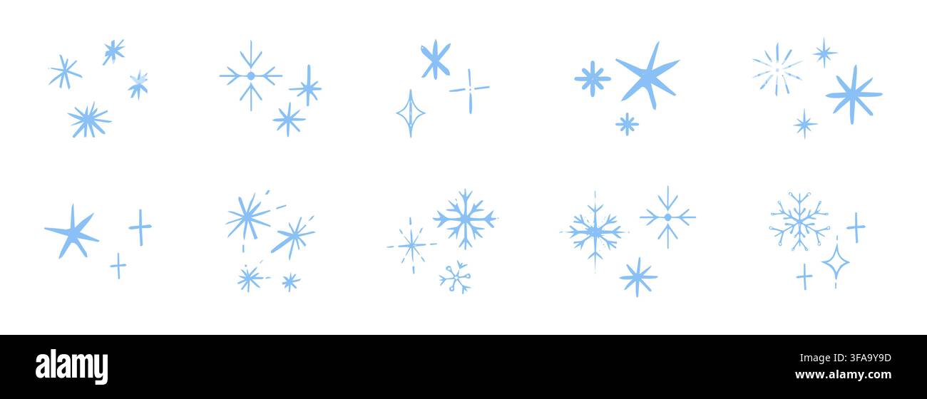 Doodle mignon de flocon de neige au crayon. Asterisque et cristaux de neige simples et texturés dessinés à la main au crayon. Éléments de set enfantin de style enfantin. Autocollants de scrapbooking, éléments de design. Illustration vectorielle Illustration de Vecteur
