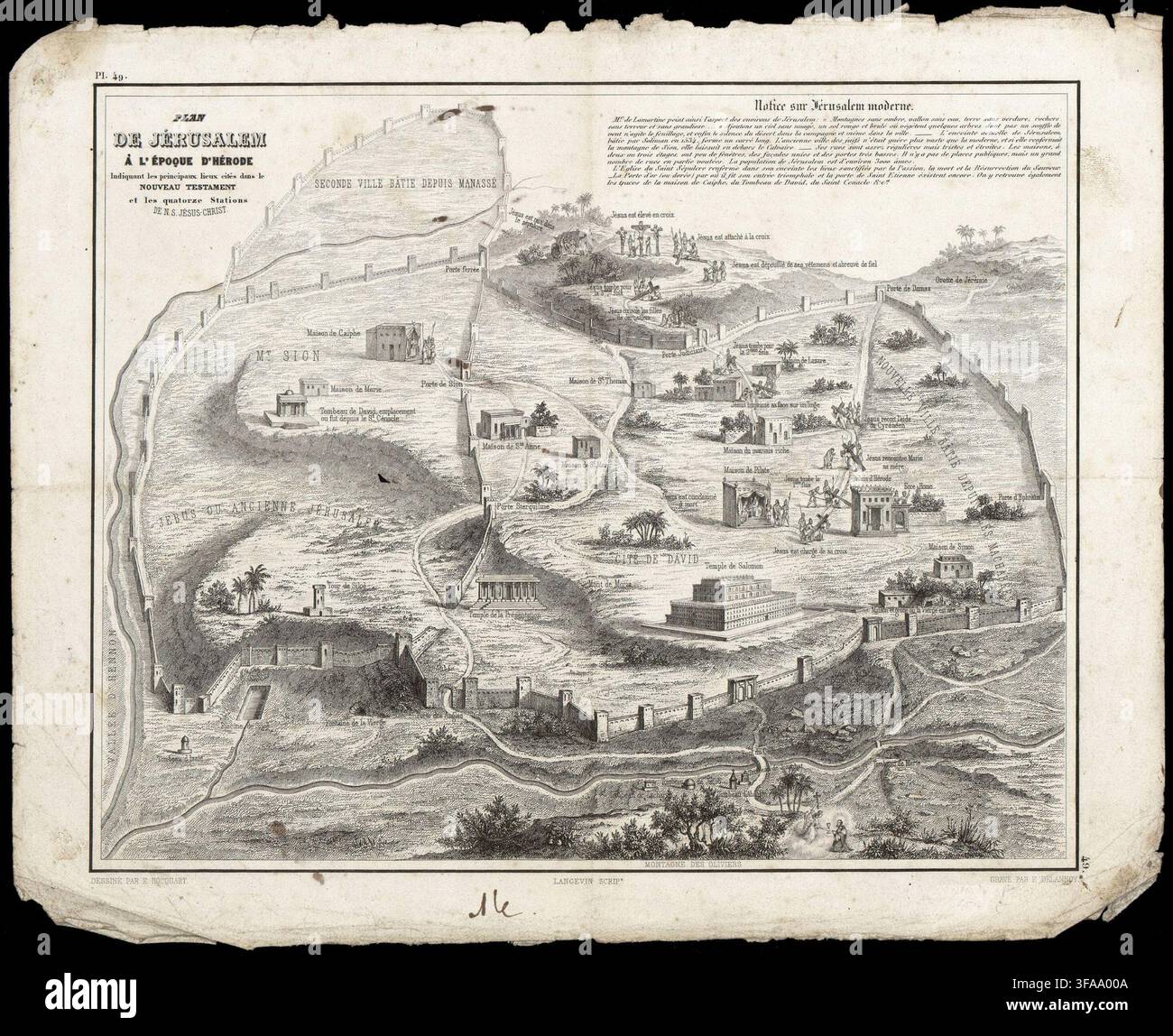 SEATTLE -11 SEP 2022 - Gravure historique représentant l'antique ville de Jérusalem, cartographie illustrant les sites bibliques et la topographie de la Banque D'Images