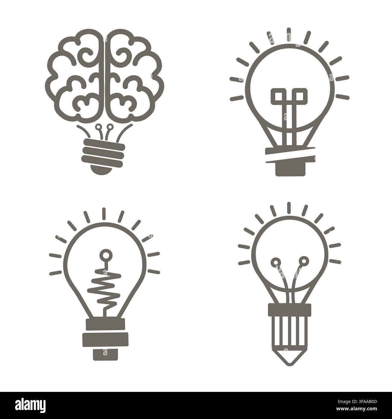 Ensemble d'icônes de lampe à vecteurs avec cerveau, crayon et concept d'idées créatives. Illustration de Vecteur