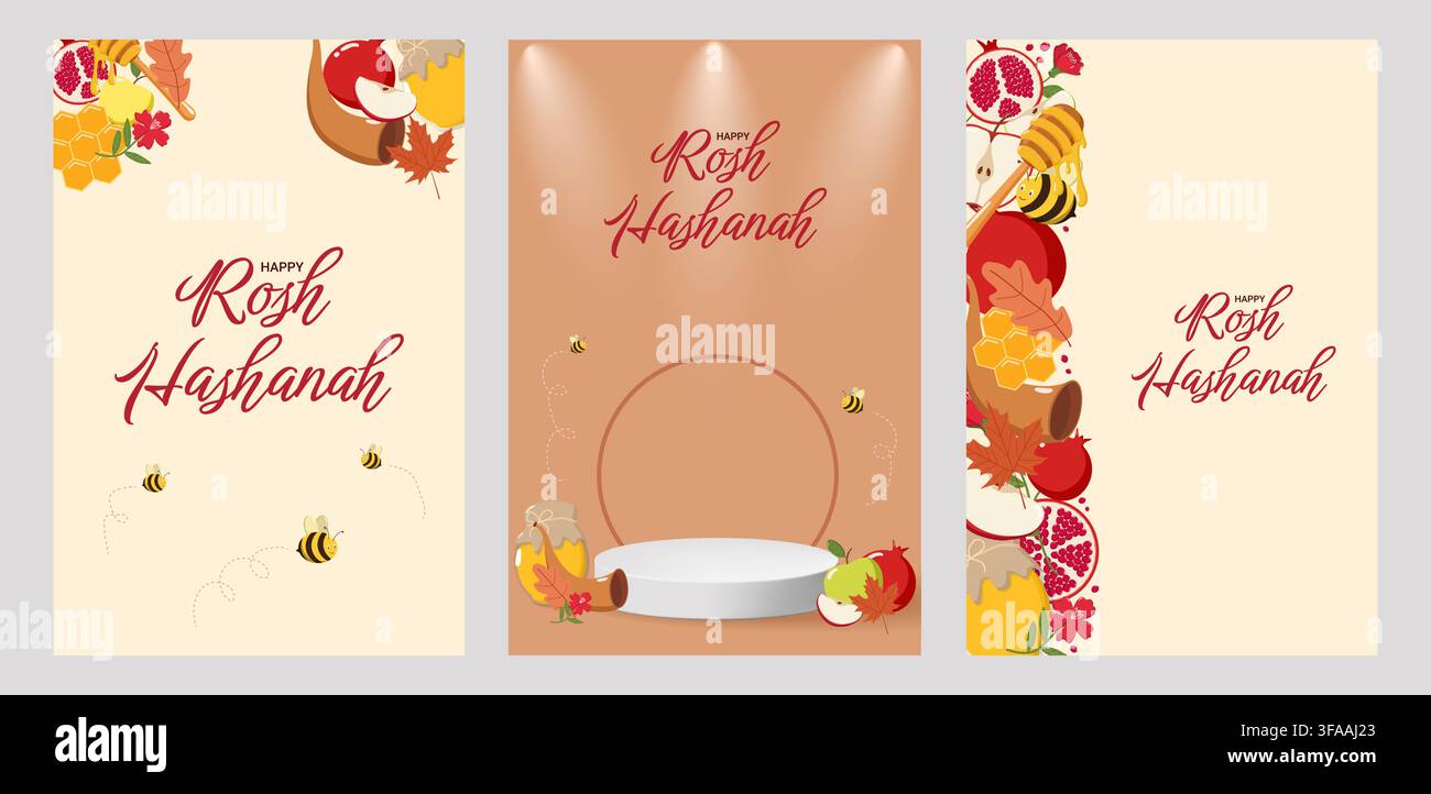 Ensemble de trois cartes de vœux Rosh Hashanah avec des pommes, des grenades, du miel, des abeilles, un shofar et le texte "Happy Rosh Hashanah", symbolisant la douceur Illustration de Vecteur