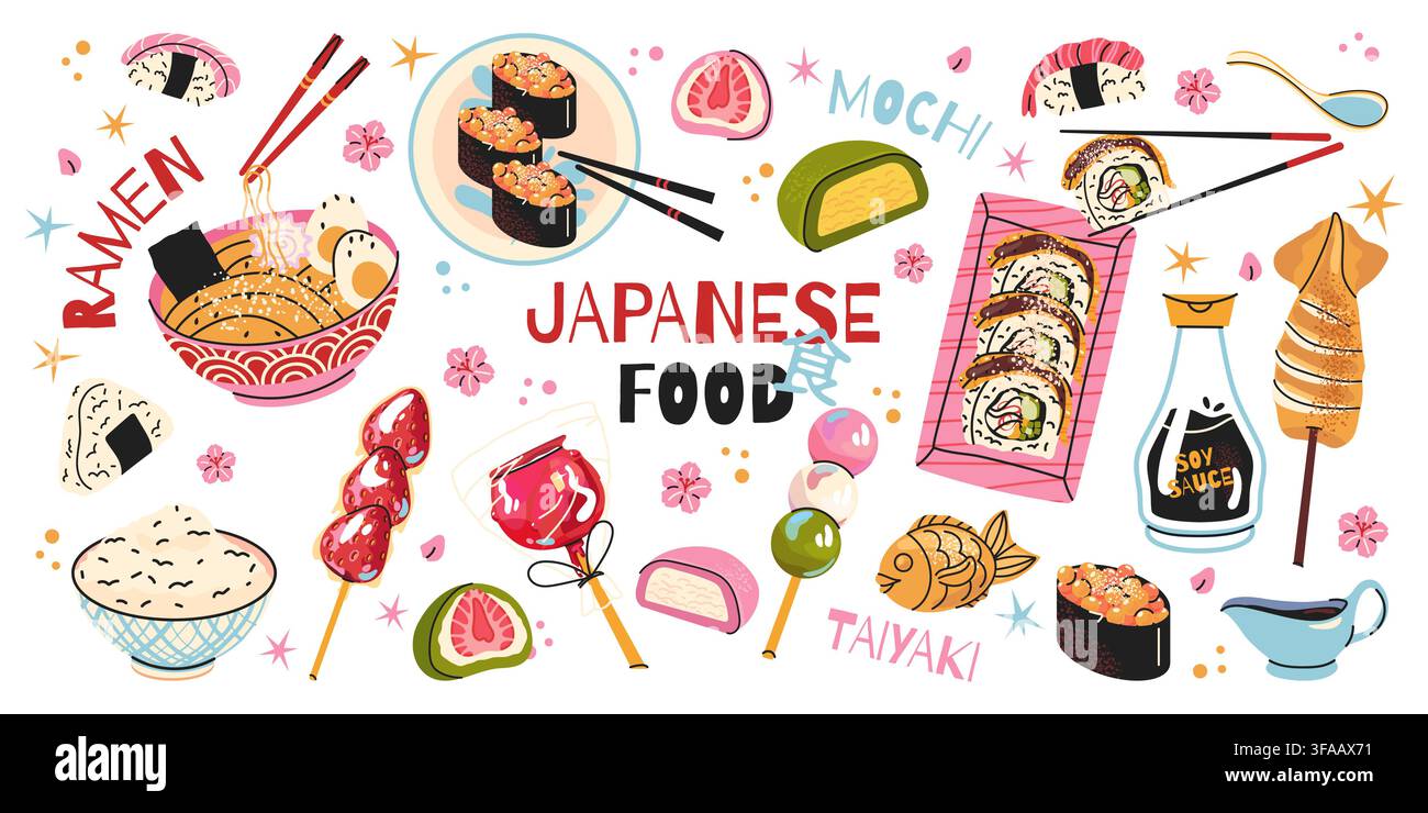 Set d'autocollants de nourriture japonaise comprenant des sushis, du ramen, du mochi, du taiyaki, du riz, de la sauce soja, des baguettes et des collations japonaises traditionnelles dans un style vectoriel coloré dessiné à la main. Illustration vectorielle Illustration de Vecteur