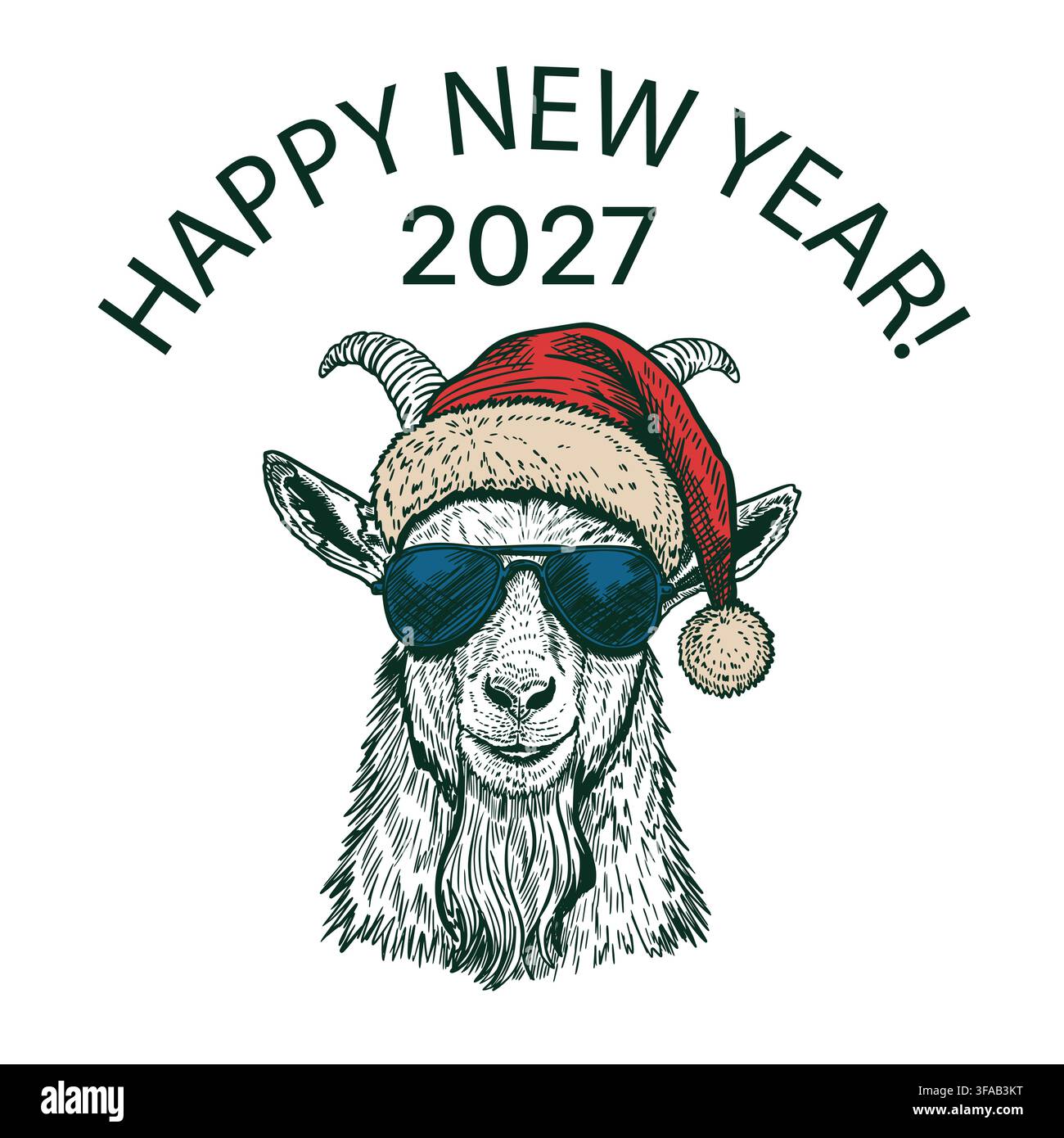 Bonne année 2027 Chèvre amusante avec un chapeau du Père Noël Illustration de Vecteur