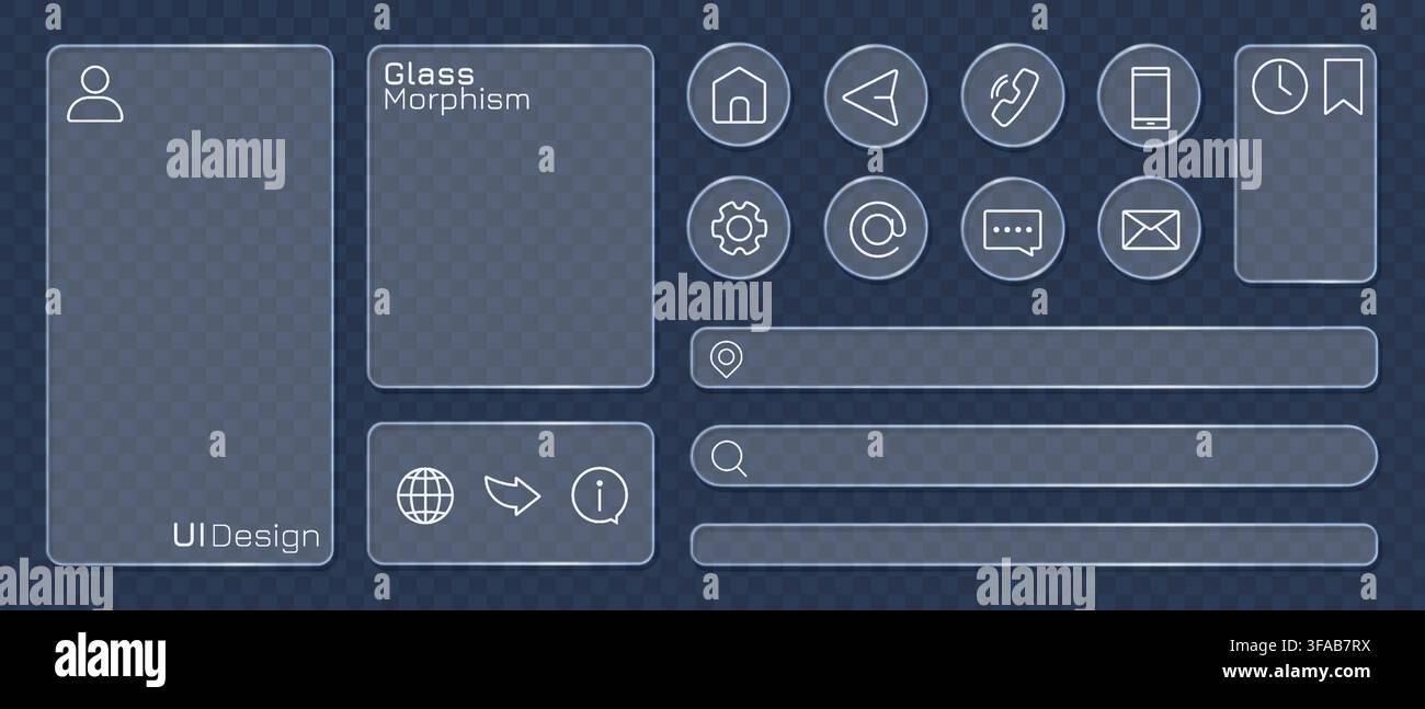 Conception de bouton en verre avec effet morphisme liquide. Icônes UI modernes et transparentes pour les applications web. Éléments d'interface numérique avec texture brillante et dépoli Illustration de Vecteur