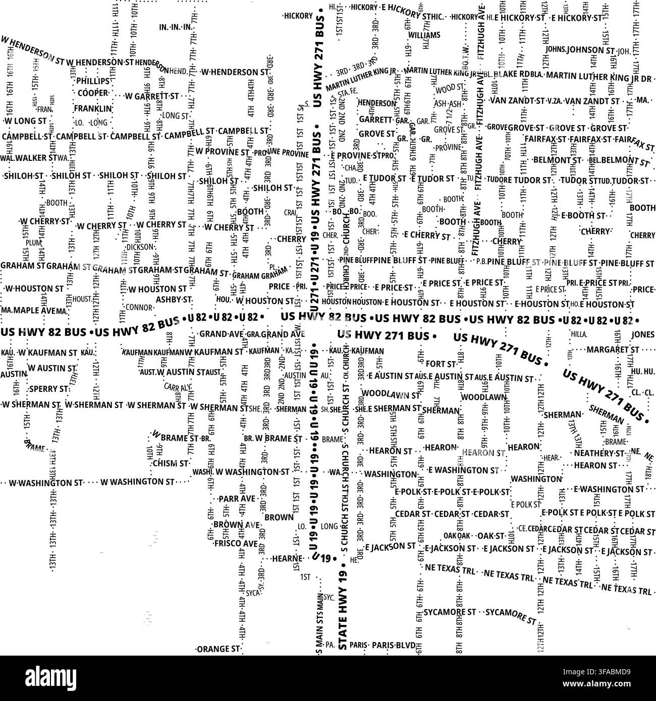 Carte typographique de la ville de Paris (Texas, États-Unis) montrant uniquement le centre-ville avec les noms de rues Banque D'Images