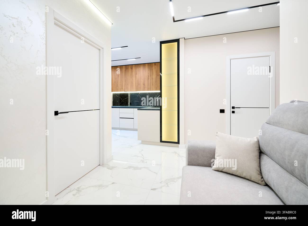 Appartement studio moderne et lumineux avec canapé gris et coin cuisine compact, intérieur résidentiel propre aux finitions haut de gamme. Design contemporain, confort et concept immobilier Banque D'Images
