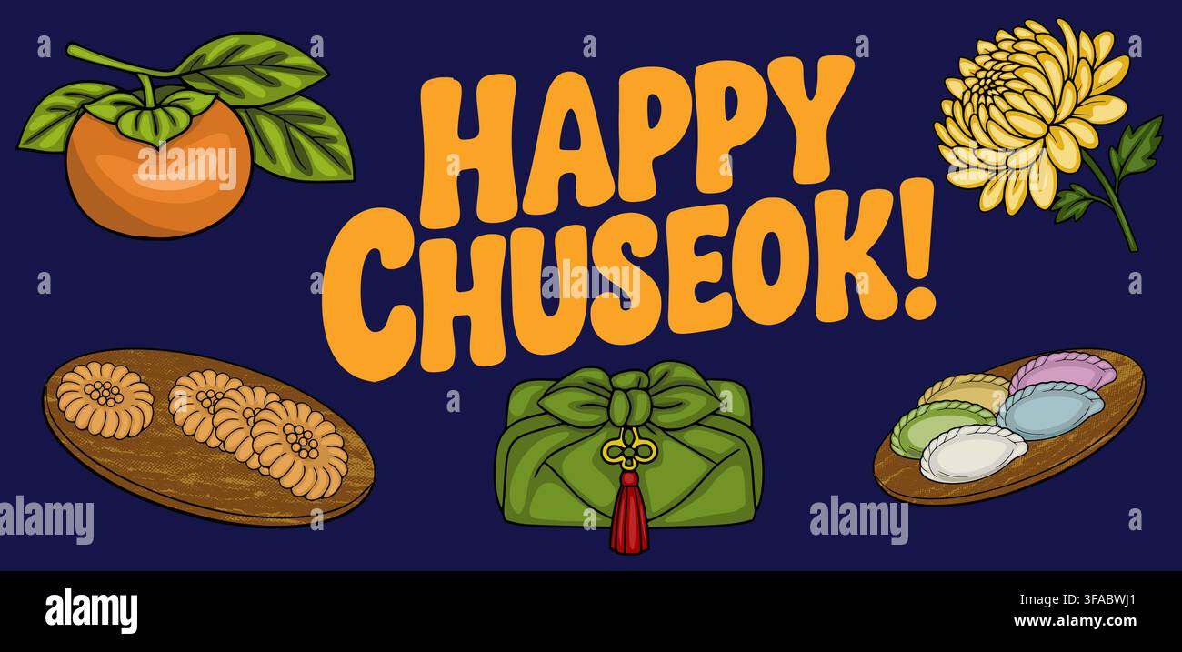 Bannière vectorielle joyeuse pour Chuseok avec éléments traditionnels coréens, kaki, songpyeon et emballage cadeau Illustration de Vecteur