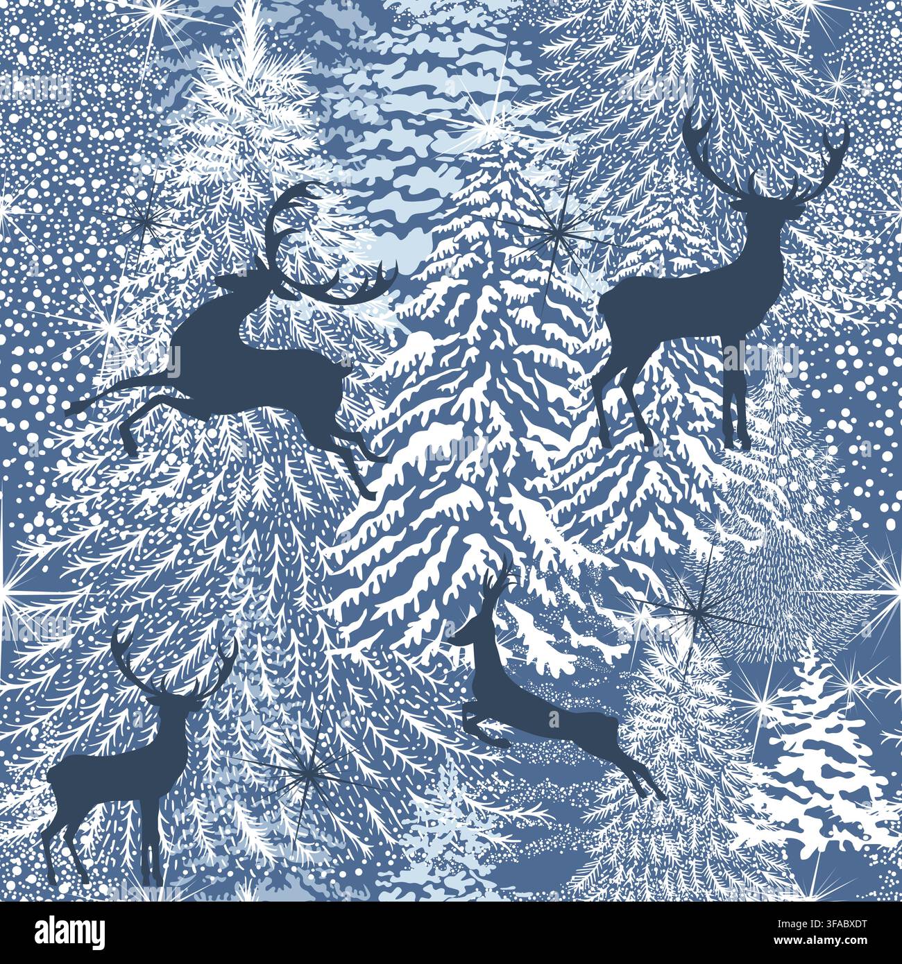 Fond bleu et blanc de Noël avec cerf. Motif forêt d'hiver. Arbres de Noël en points. Fond sans couture de Noël. Dessin à la main. Pas d'IA Illustration de Vecteur
