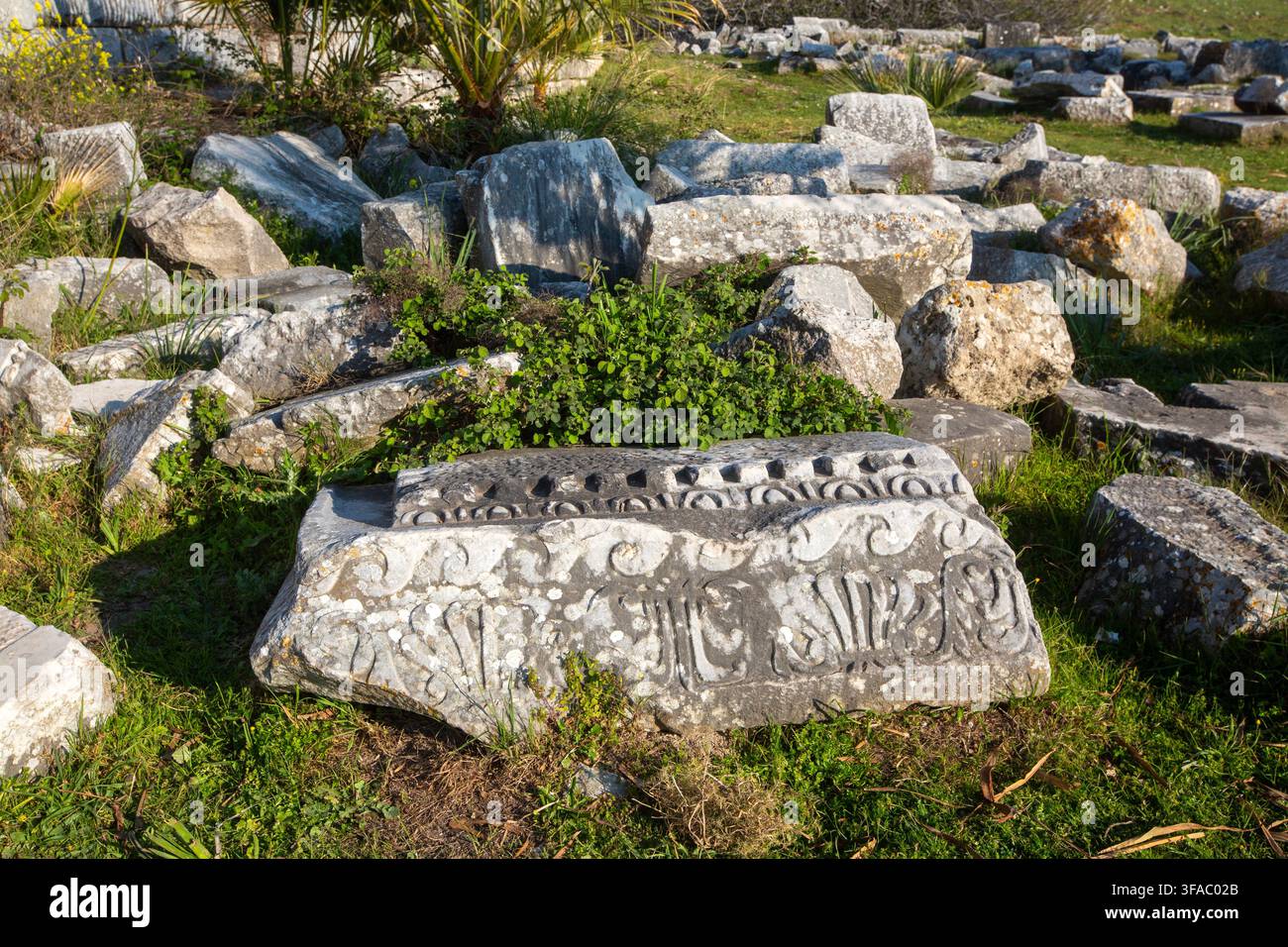 Ancien fragment architectural en marbre avec ornements en relief dans les ruines de Milet en Turquie Banque D'Images