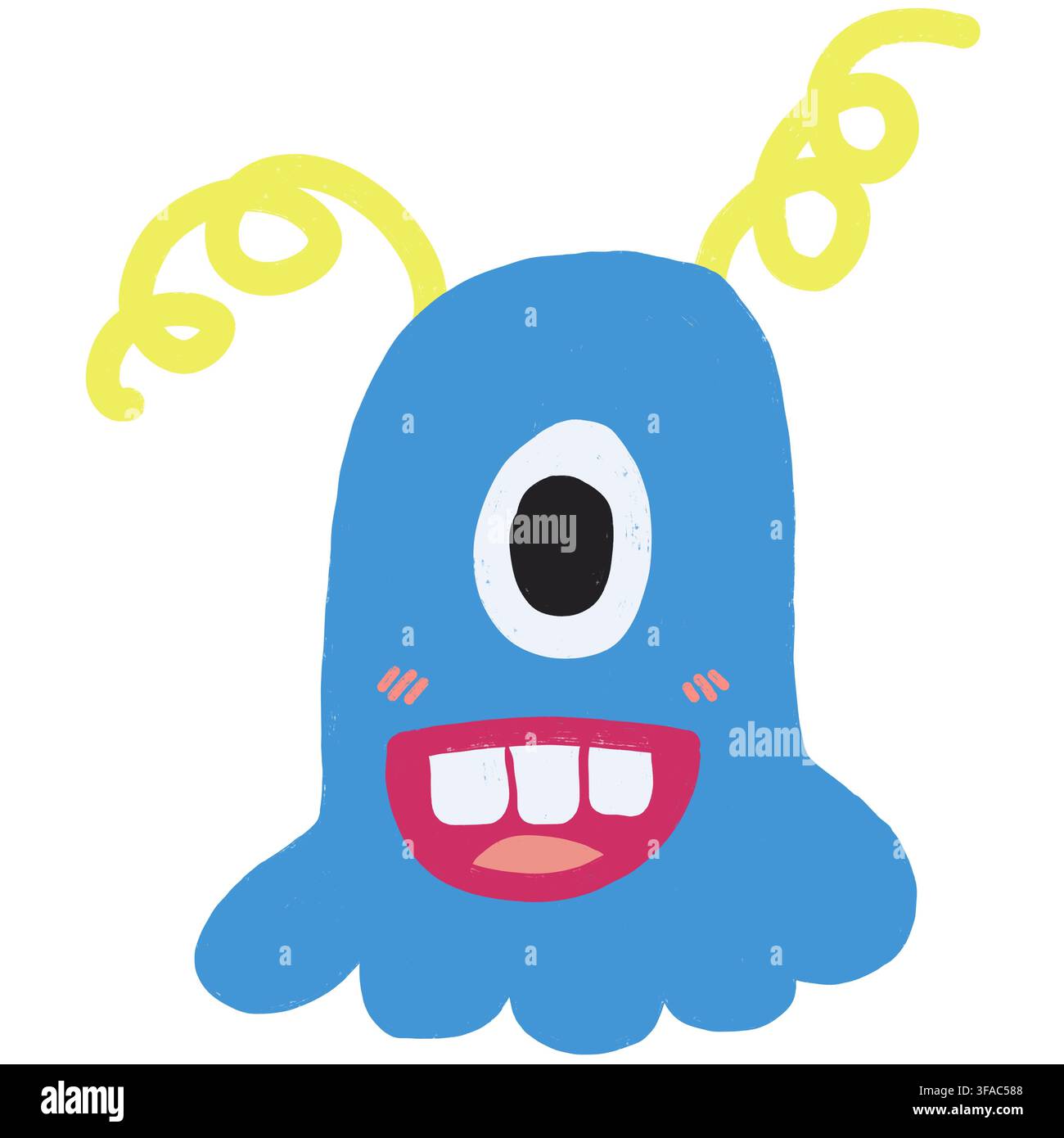 Portrait de monstre de dessin animé mignon bleu à un œil avec des antennes jaunes bouclées et de grandes dents, texture dessinée à la main ludique, isolée sur fond blanc. Banque D'Images
