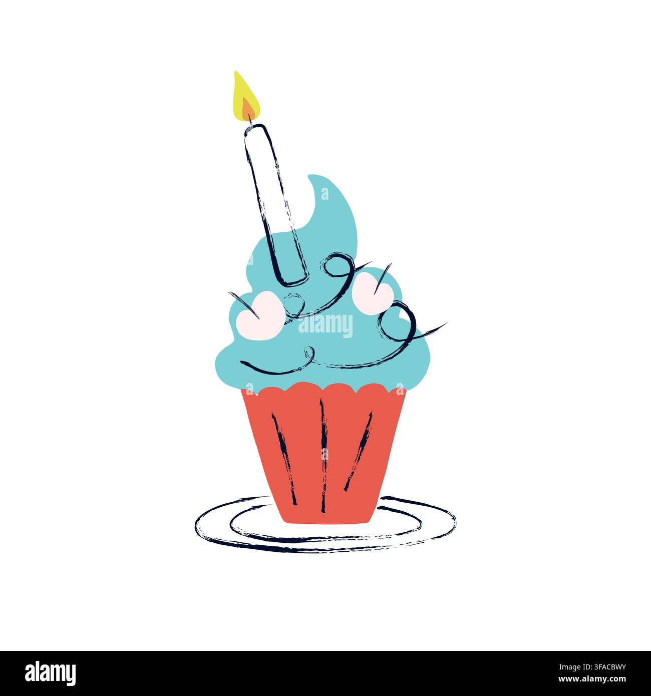 Gâteau d'anniversaire avec bougie allumée et cerises, illustration vectorielle colorée dessinée à la main pour un dessert de fête sur fond blanc Illustration de Vecteur