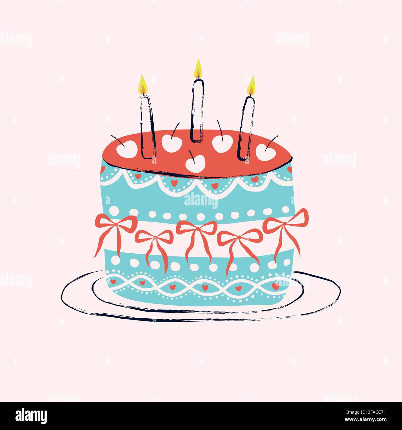 Gâteau d'anniversaire avec trois bougies allumées, cerises, nœuds et décorations en forme de cœur, illustration vectorielle d'un gâteau de fête dessiné à la main Illustration de Vecteur