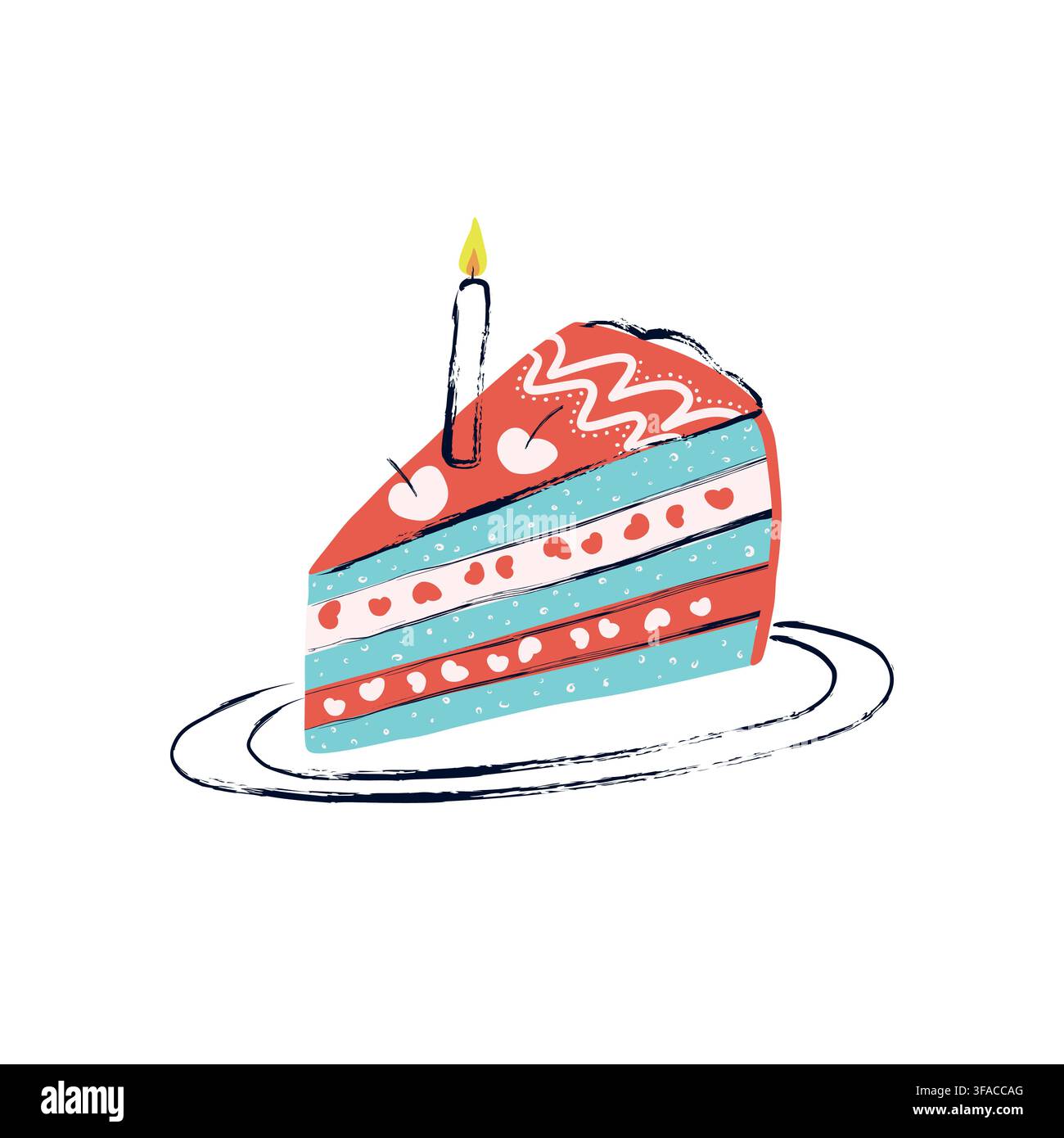 Part de gâteau d'anniversaire avec bougie allumée, cerises et décorations en forme de cœur, illustration vectorielle colorée dessinée à la main sur fond blanc Illustration de Vecteur